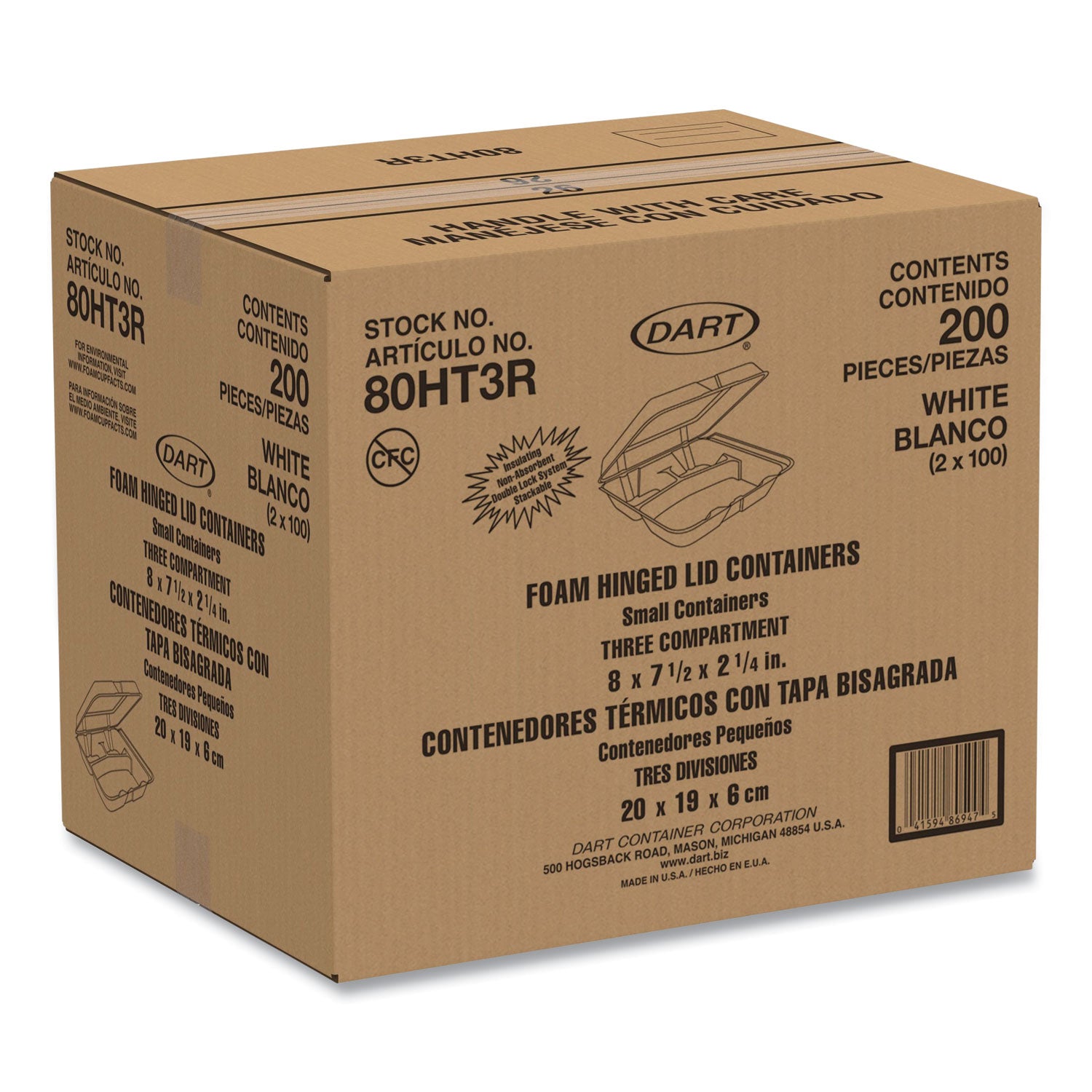 External Dimensions: 8" Length x 7.5" Width x 2.3" Height - Stackable - Extruded Polystyrene - White - For Transportation, Food Storage - 2 / Carton