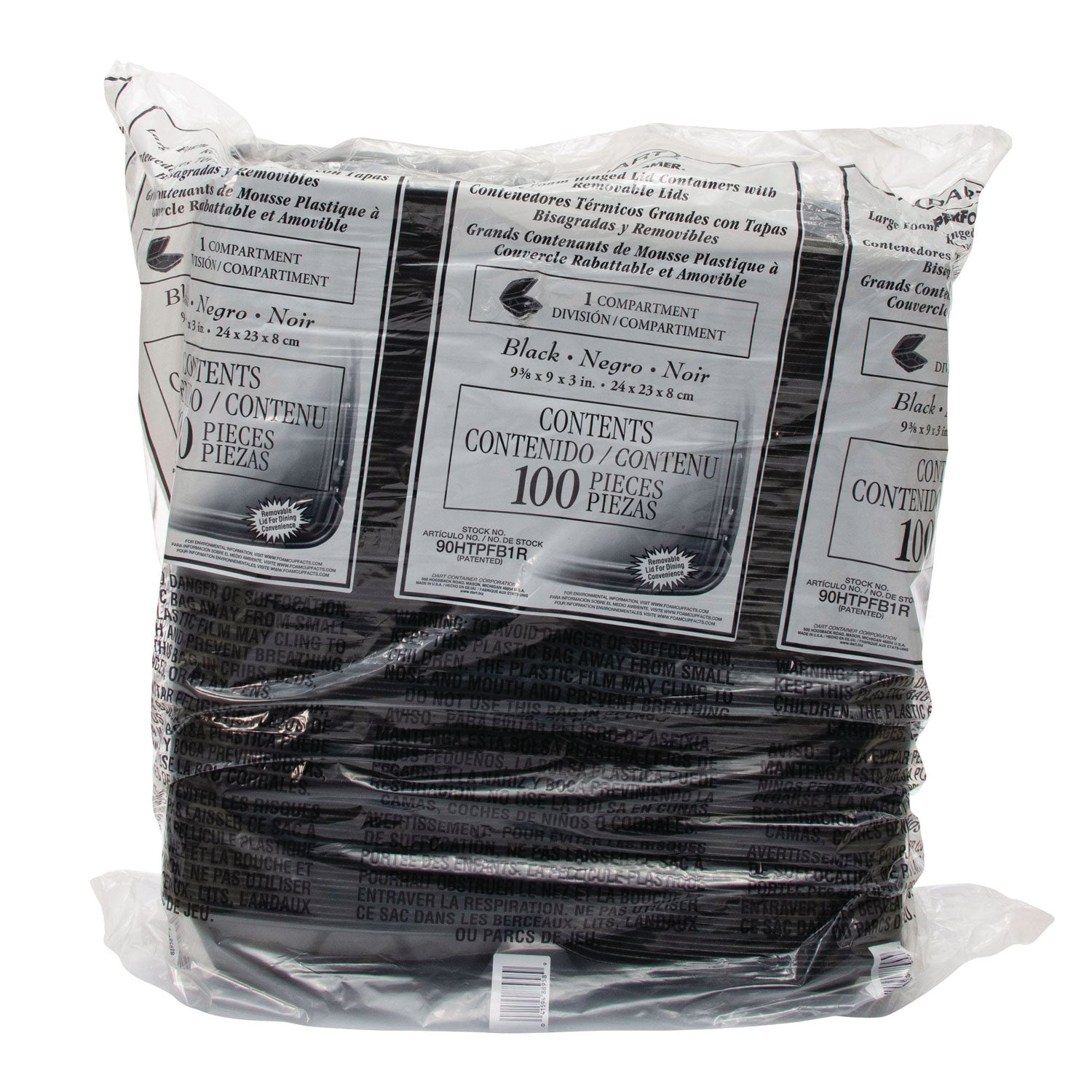 Insulated Foam Hinged Lid Containers, 9.01 x 9.4 x 3.1, Black, 100/Bag, 2 Bags/Carton, 200 Containers/Carton