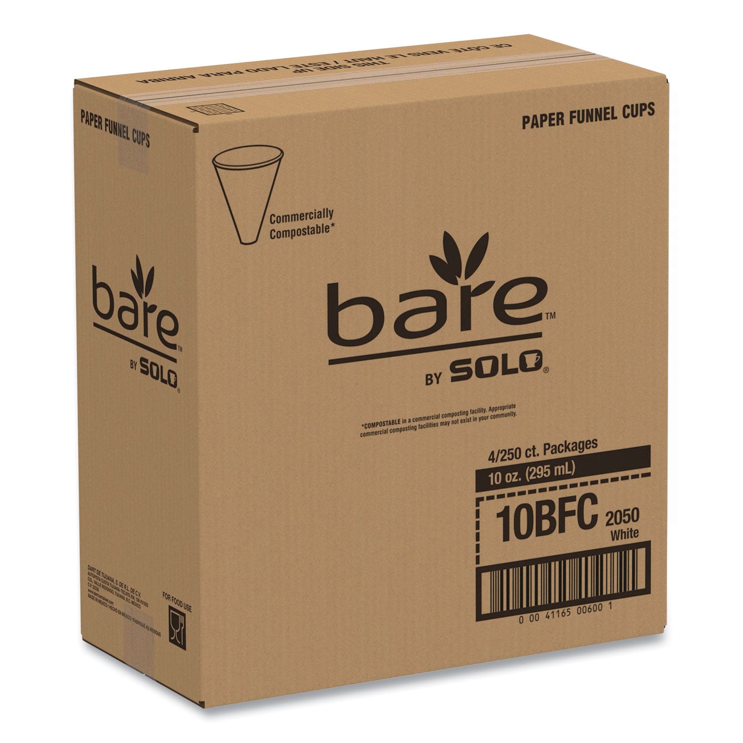 Bare Eco-Forward Treated Paper Funnel Cups, 10 oz, White, 250/Bag, 4 Bags/Carton