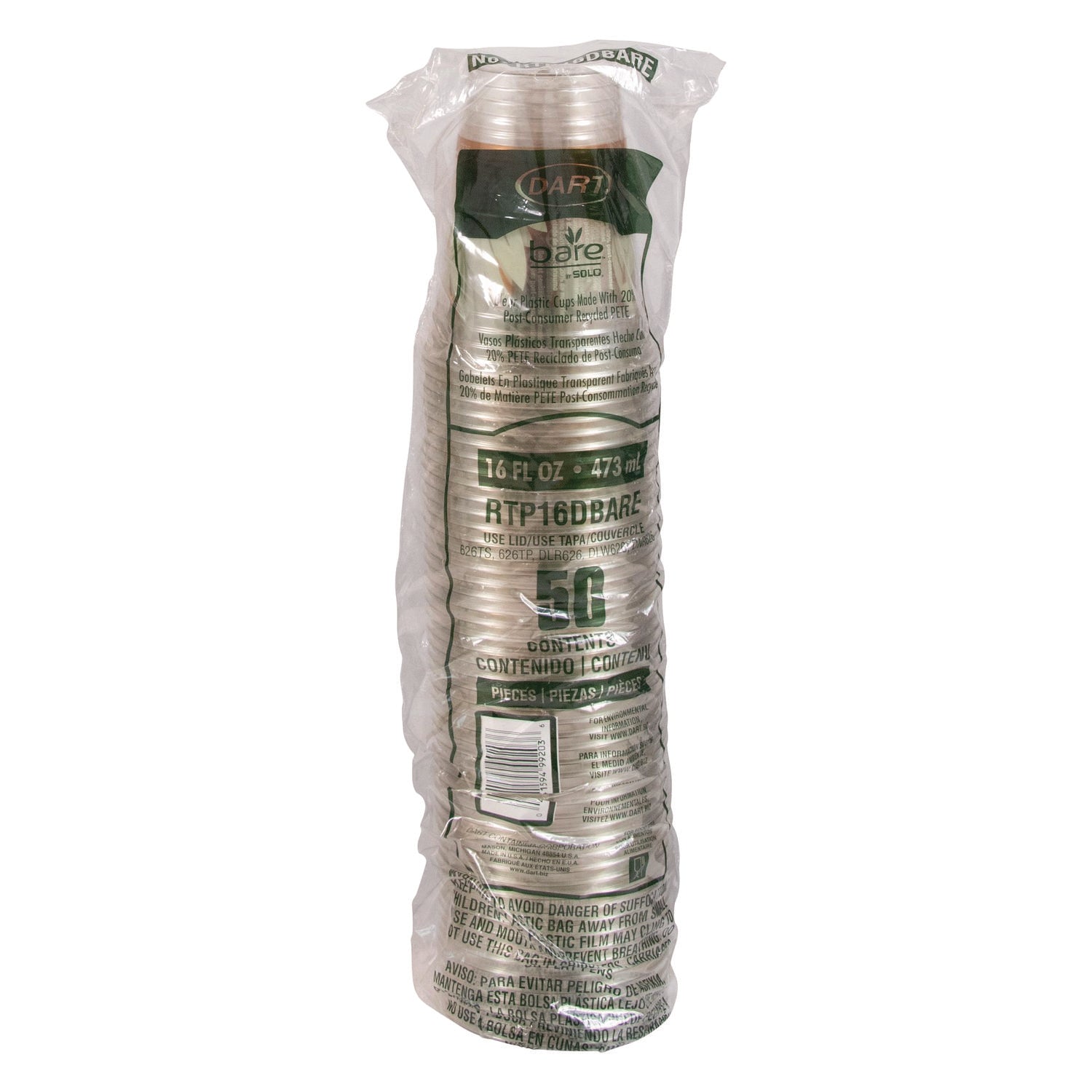 Bare Eco-Forward RPET Cold Cups, 16 oz to 18 oz, Plastic, Leaf Design, Clear, 50/Pack, 20 Packs/Carton