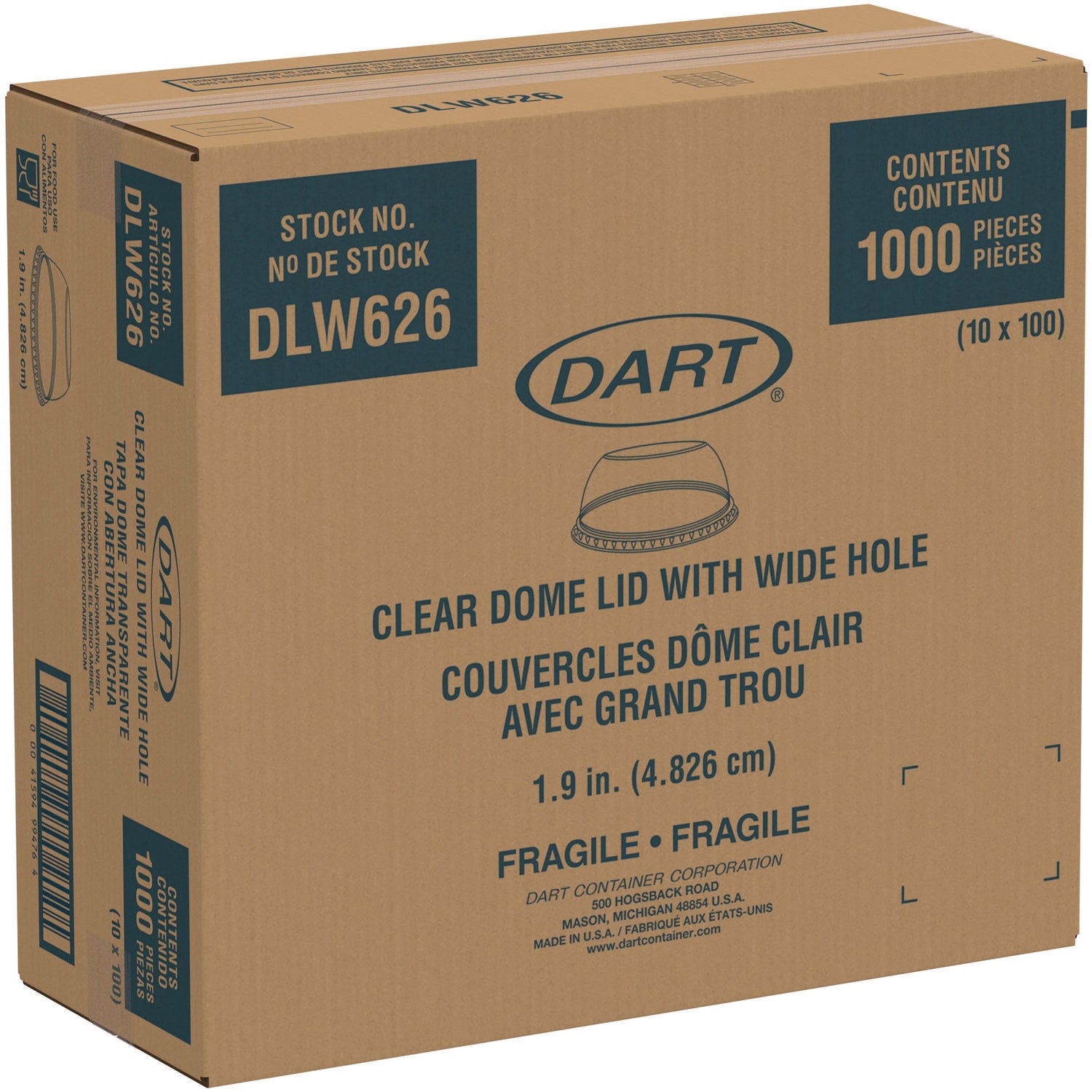 Open-Top Dome Lid, With 1.9" dia Hole, Fits 16 oz to 24 oz Cold Cups, Plastic, Clear, 1,000/Carton