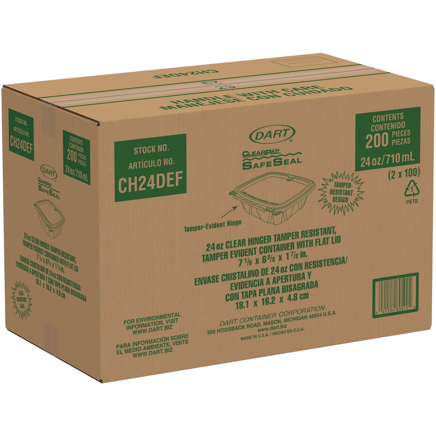ClearPac SafeSeal rPET Tamper-Resistant Container, ProPlanet Seal, Flat Lid, 24 oz, Clear, 100/Bag, 2 Bags/Carton