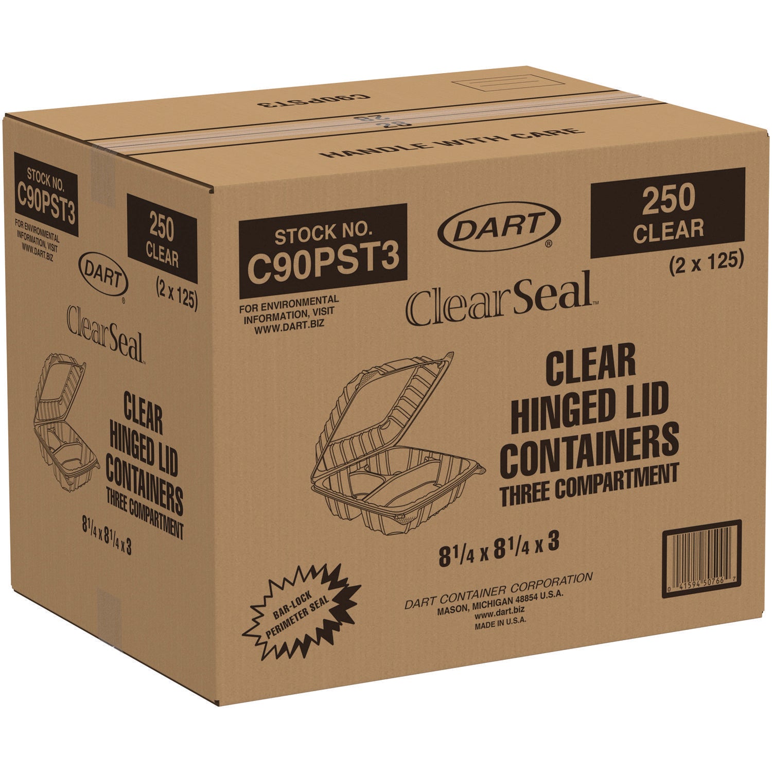 ClearSeal Hinged-Lid Plastic Containers, 8.25 x 8.25 x 3, Clear, Plastic, 125/Pack, 2 Packs/Carton