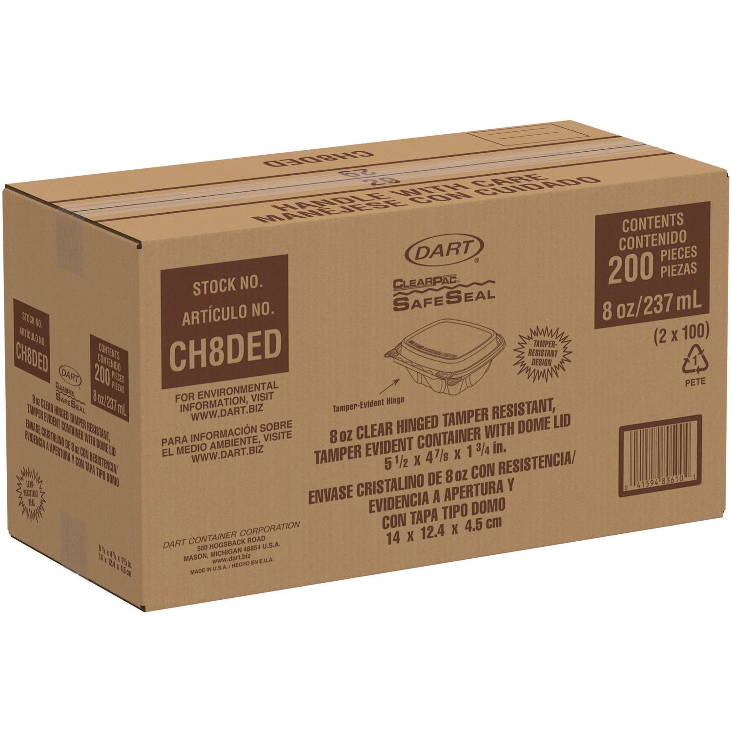 ClearPac SafeSeal Tamper-Resistant/Evident Containers, Domed Lid, 8 oz, Clear, Plastic, 100/Bag, 2 Bags/Carton