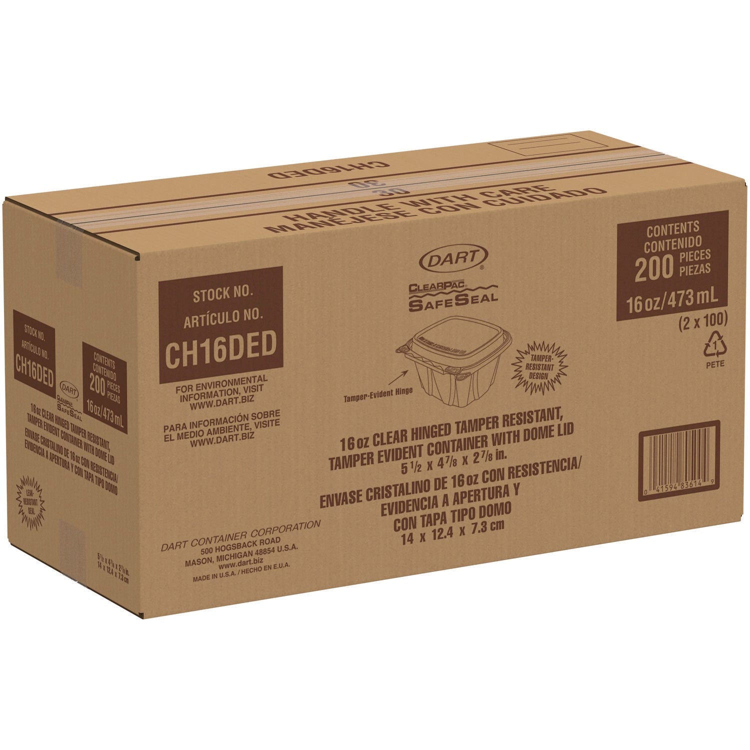 ClearPac SafeSeal Tamper-Resistant/Evident Containers, Domed Lid, 16 oz, Clear, Plastic, 100/Bag, 2 Bags/Carton