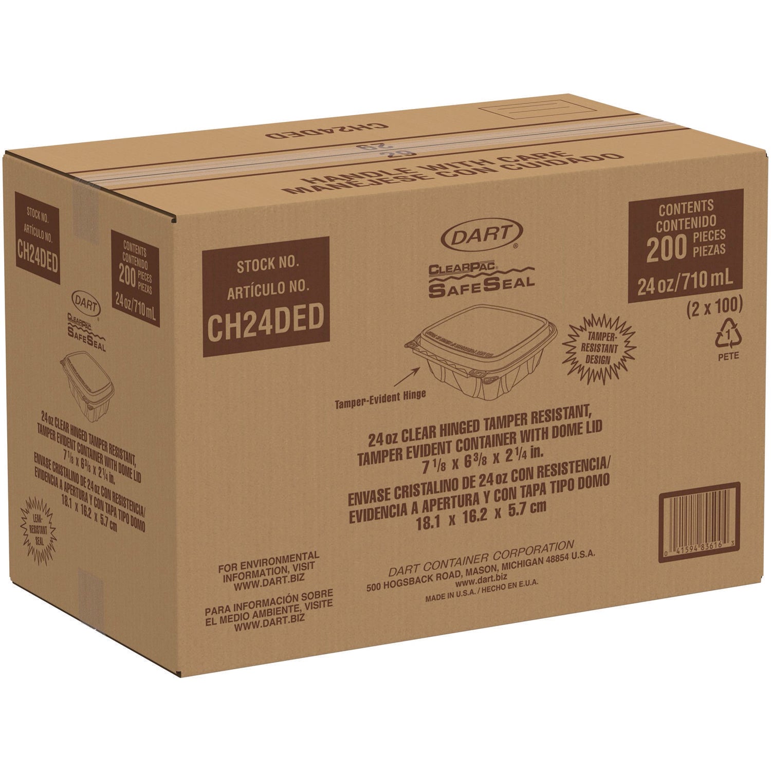 ClearPac SafeSeal Tamper-Resistant/Evident Containers, Domed Lid, 24 oz, Clear, Plastic, 100/Bag, 2 Bags/Carton