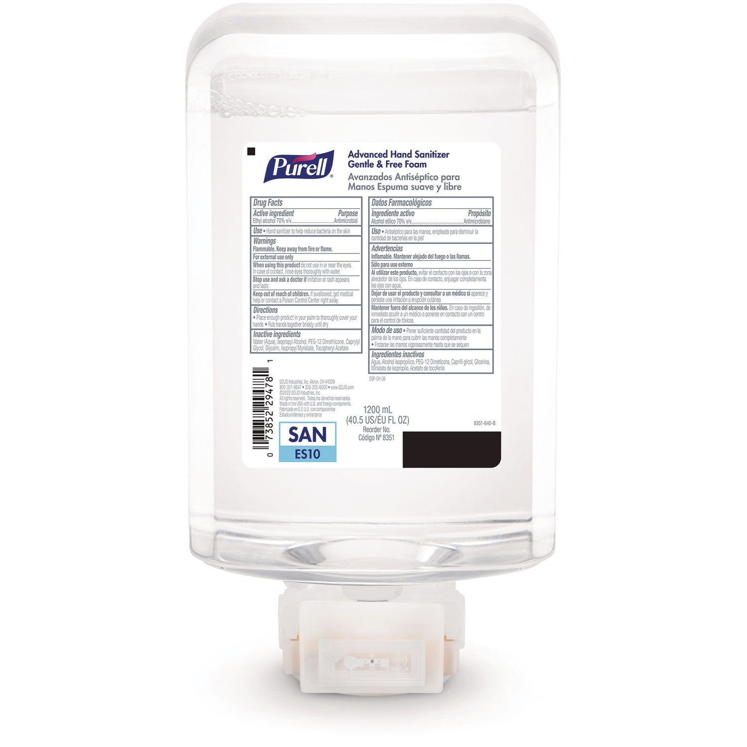 Advanced Hand Sanitizer Fragrance Free Foam, For ES10 Automatic Dispensers, 1,200 mL Refill, Fragrance Free, 2/Carton