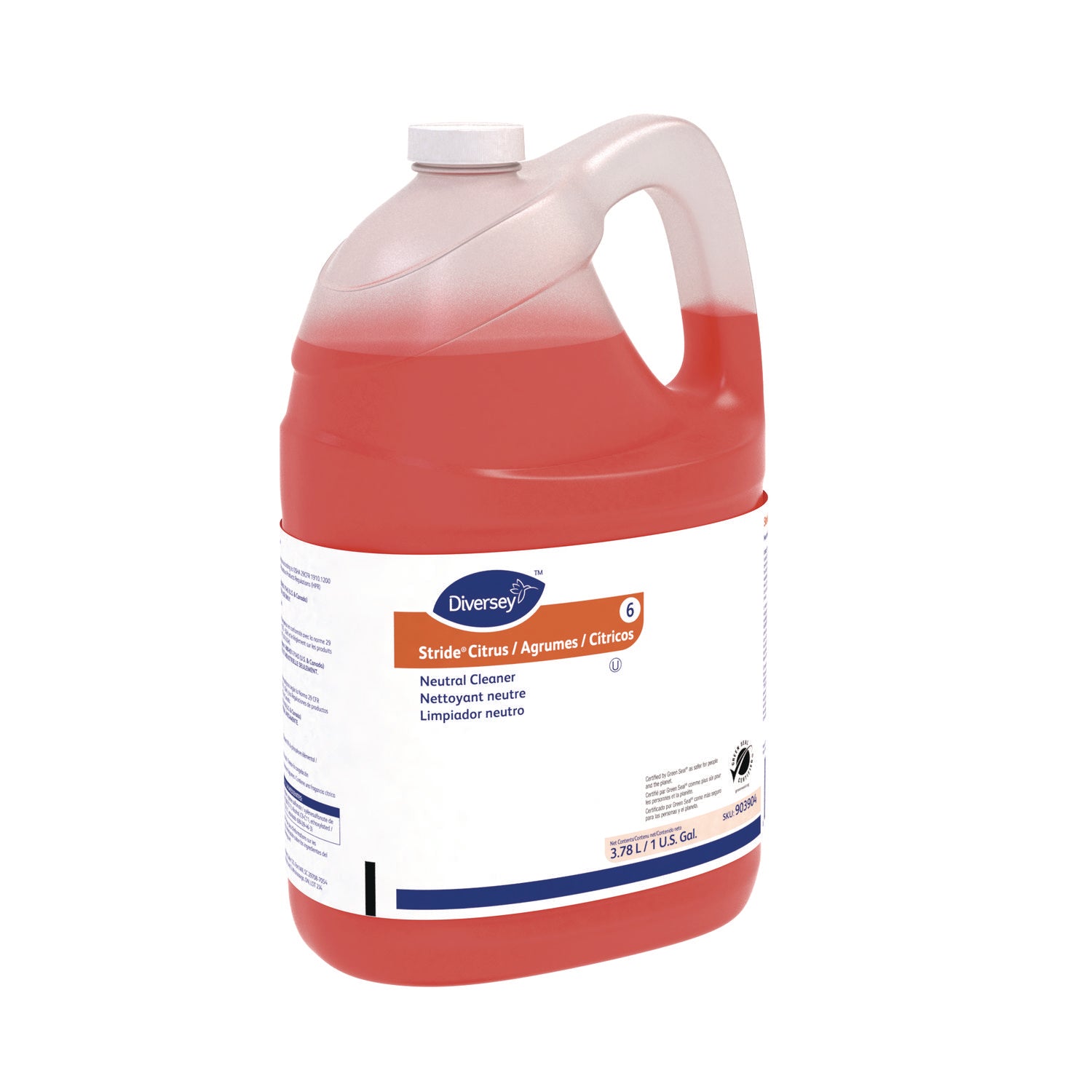 Diversey Stride Citrus Neutral Cleaner, Concentrate, Liquid, 128 fl oz Bottles, Citrus Scent, pH Neutral, Non-Alkaline, Film-Free, Low Foaming, Kosher, Orange, 4 Bottles per Carton
