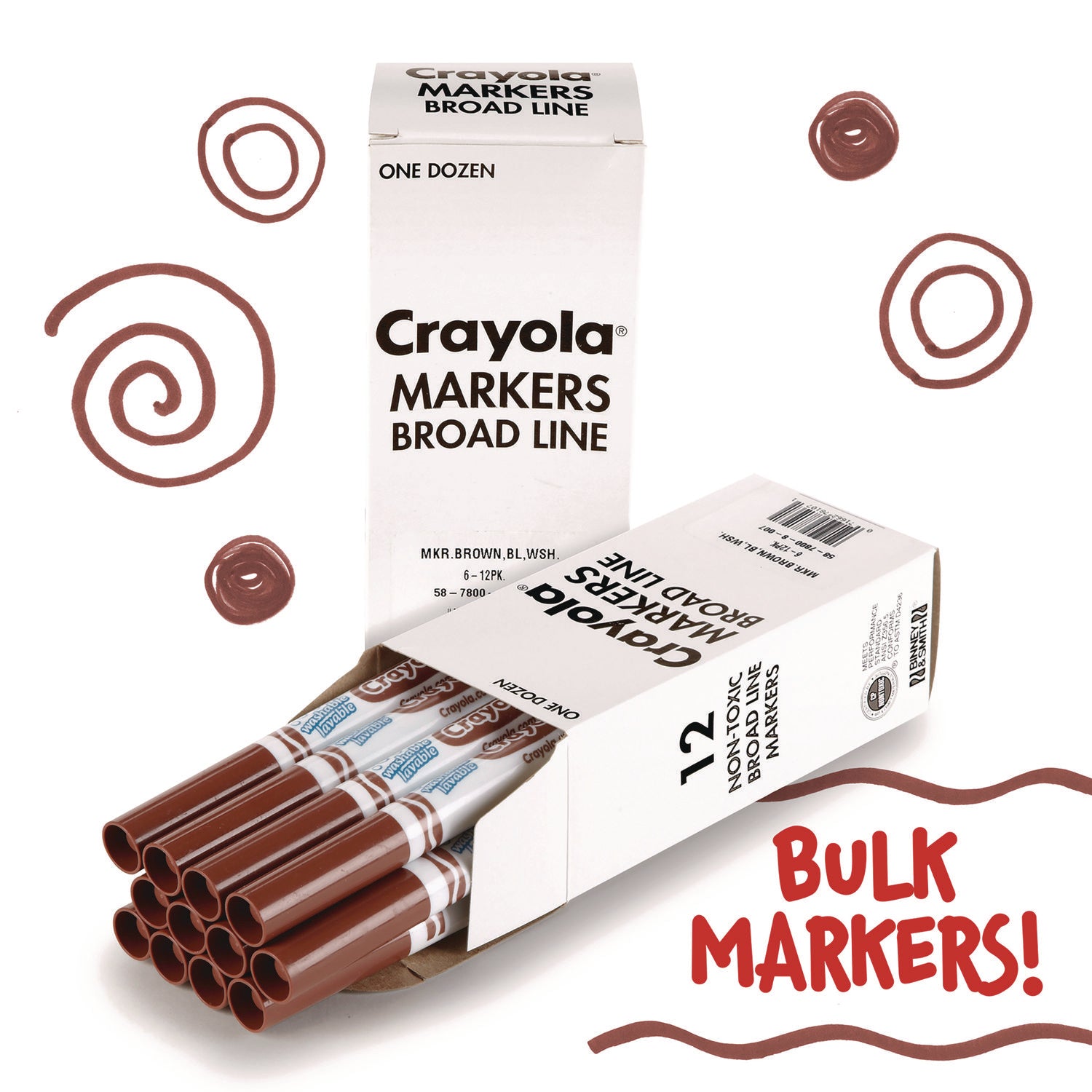 Broad Line Washable Markers, Broad Bullet Tip, Brown, 12/box