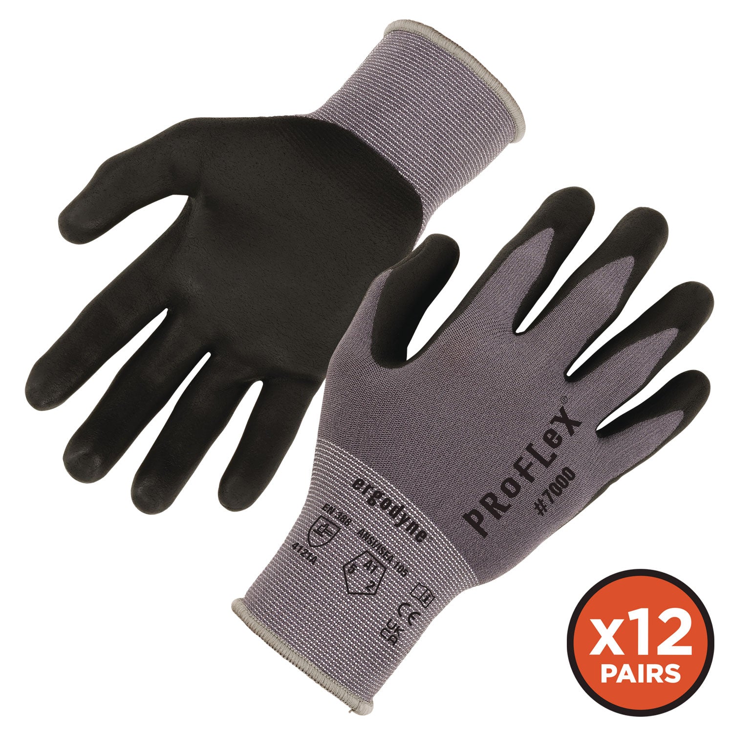 Ergodyne ProFlex 7000 Nitrile-Coated Gloves, X-Small, Gray, 4.50" Length, Touchscreen Capable, Abrasion & Cut Resistant, Lightweight, Flexible, 2/Pair, 12 Pairs/Pack