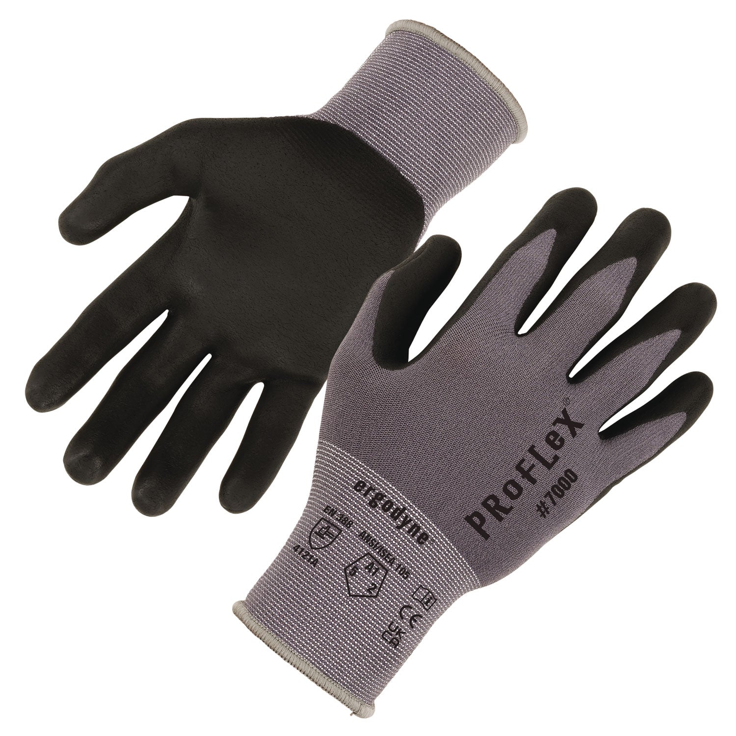 Ergodyne ProFlex 7000 Nitrile-Coated Gloves, X-Small, Gray, 4.50" Length, Touchscreen Capable, Abrasion & Cut Resistant, Lightweight, Flexible, 2/Pair, 12 Pairs/Pack