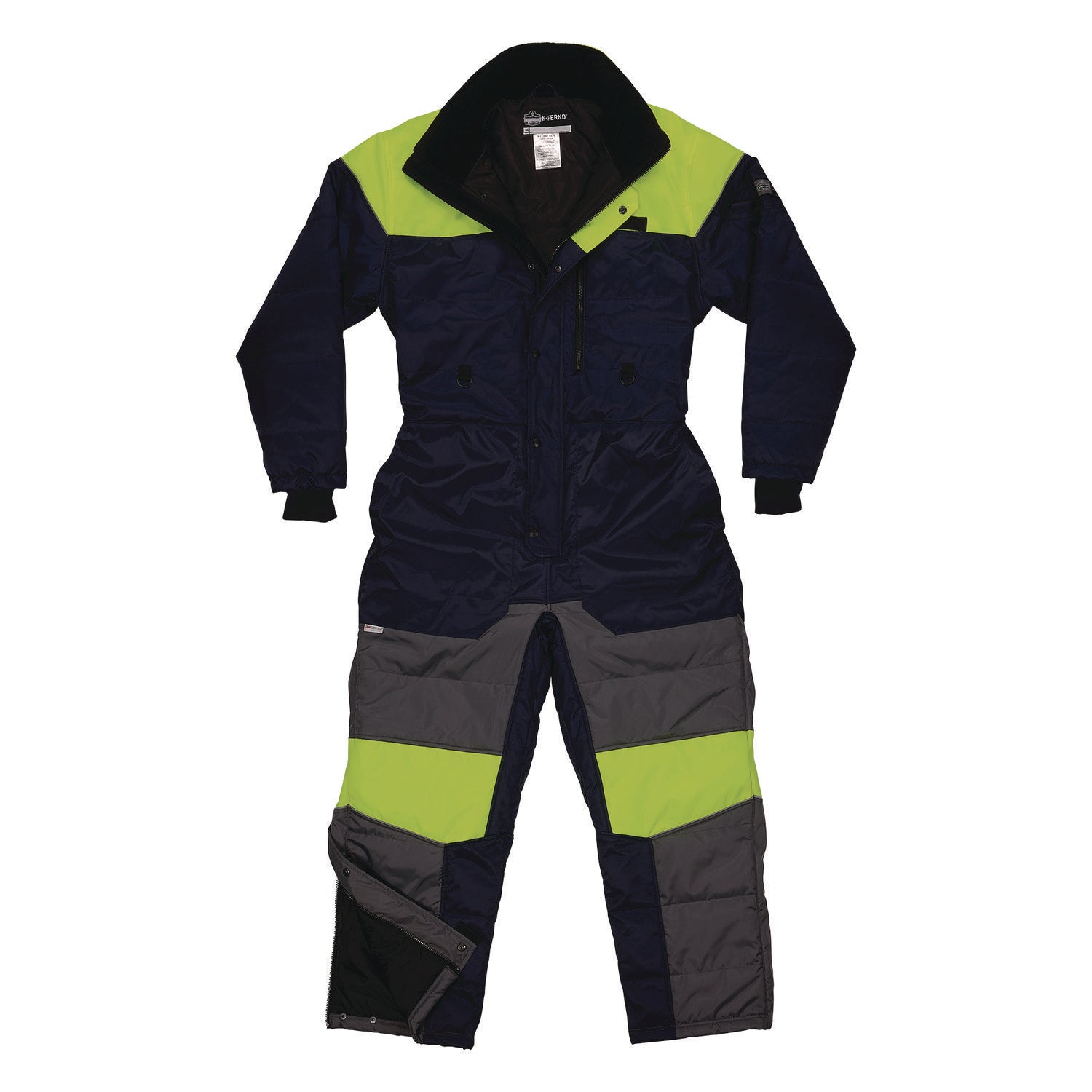 Ergodyne N-Ferno 6475 Insulated Freezer Coveralls, 4X-Large, Navy, Polyester, Water Resistant, 3 Pockets, Snap/Zipper Closure, Reflective, Adjustable, 1 Each