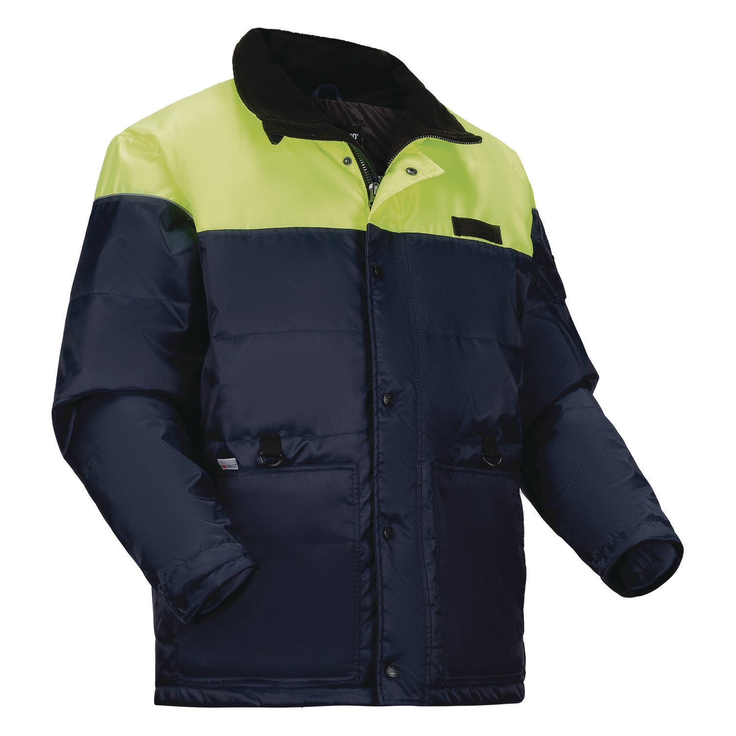 Ergodyne N-Ferno 6476 Insulated Freezer Jacket, Large, Navy, Polyester, 3 Pockets, Snap/Zipper Closure, Water Resistant, Reflective, Adjustable, 1 Each