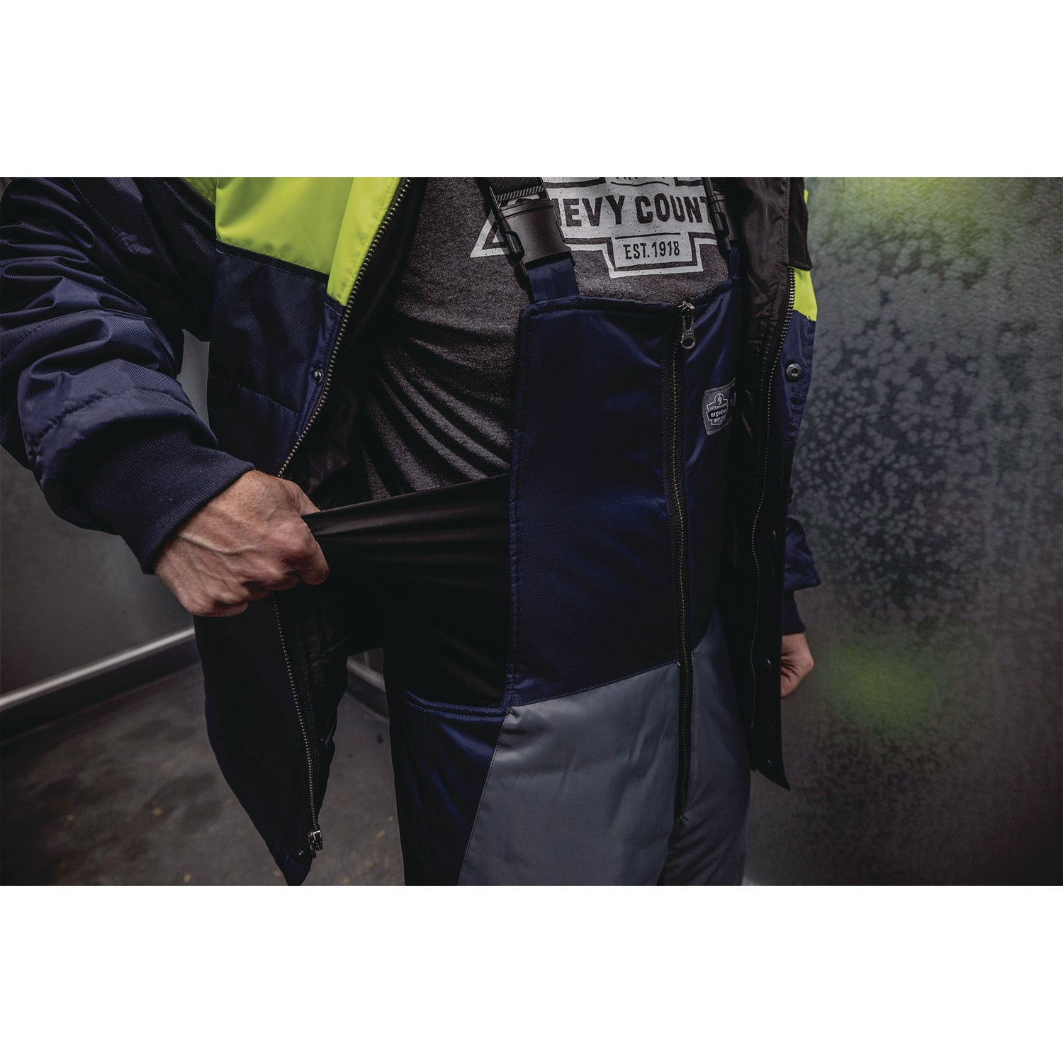 Ergodyne Insulated Freezer Bib Overalls - Bib Overall - Small - Navy, Yellow - Polyester, Ripstop Polyester, Polyurethane