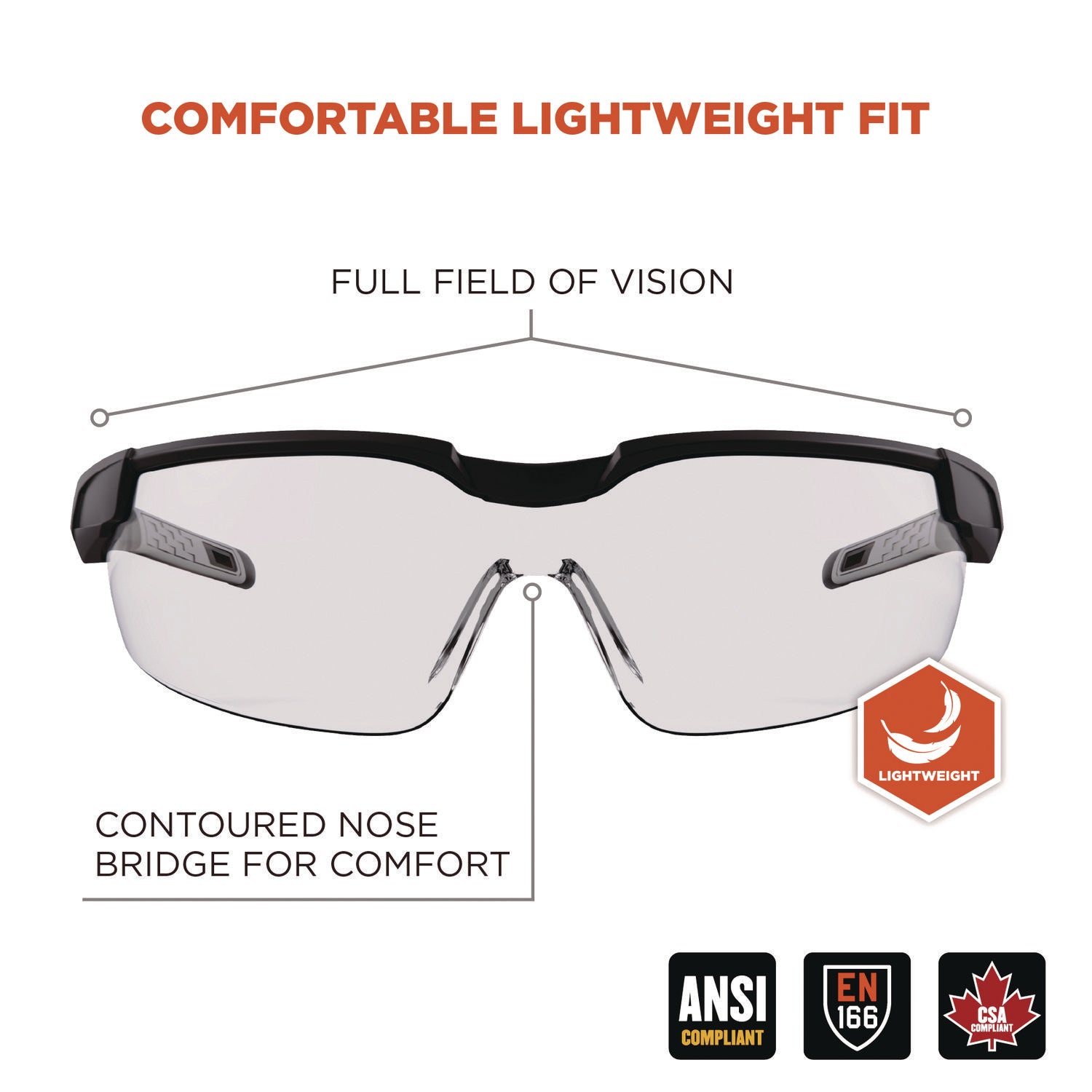 Ergodyne Skullerz Dellenger Safety Glasses, Clear Lens, Matte Black Frame, Adjustable Temple, Impact Resistant, Rimless, Lightweight, Flexible, Non-slip, UV Resistant, Wraparound, Soft Half Frame, 1 Each