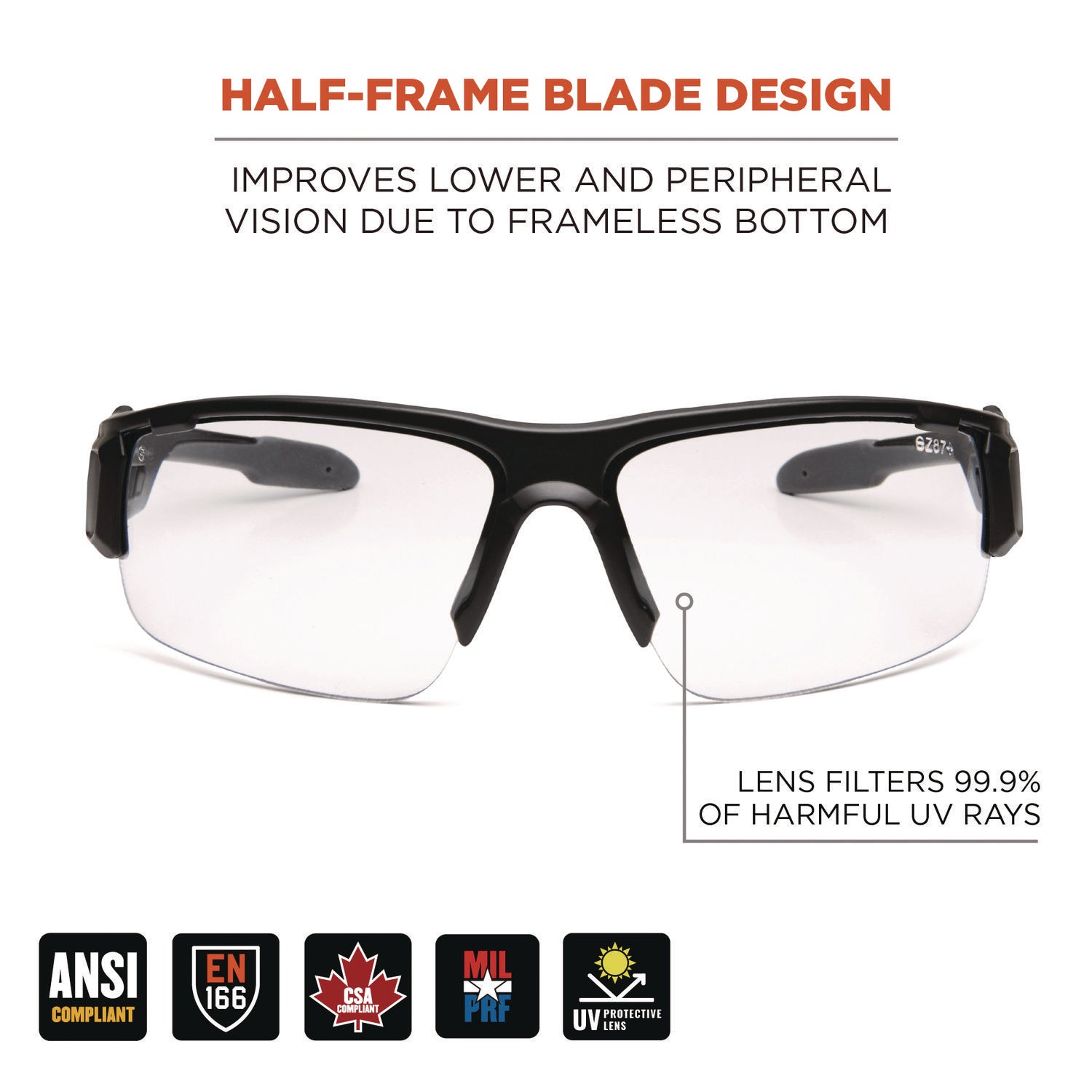 Ergodyne DAGR Anti-Scratch/Anti-Fog Safety Glasses, Clear Lens, Matte Black Half Frame, Flexible, Non-slip, Sweat Resistant, Impact Resistant, 1 Each