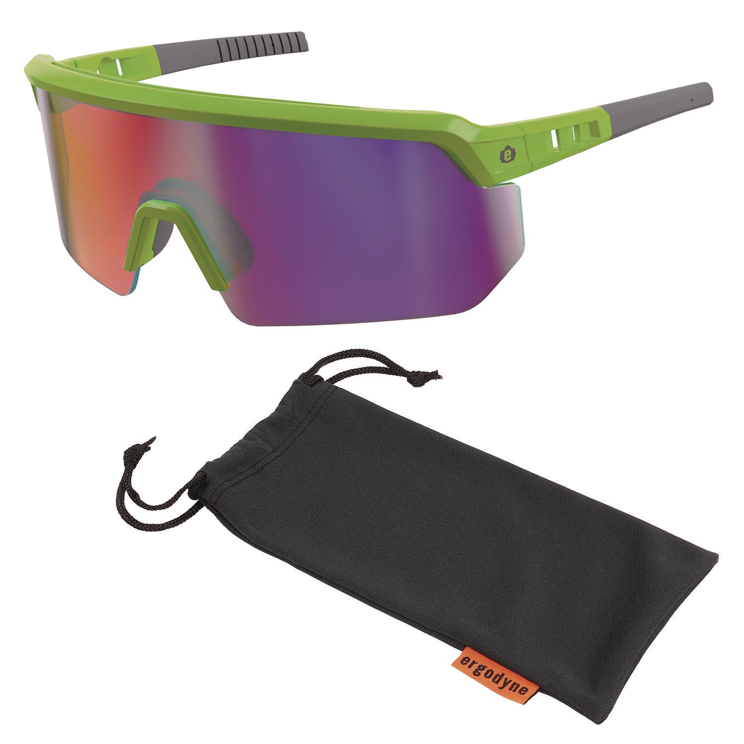 Ergodyne Aegir Enhanced Anti-Fog Safety Glasses, Purple Mirror Lens, Lime Frame, Polycarbonate/Rubber, Non-slip, Lightweight, Impact Resistant, Adjustable Temple, Vented, 1 Each