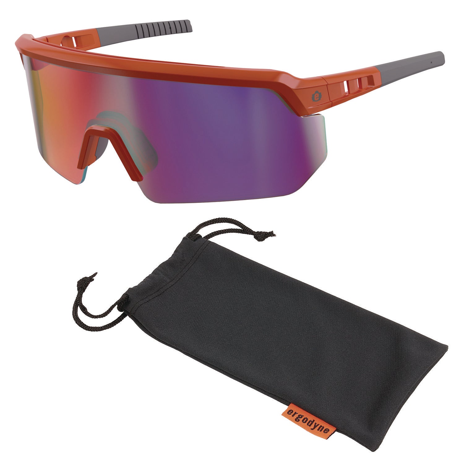 Ergodyne Aegir Enhanced Anti-Fog Safety Glasses, Purple Mirror Lens, Orange Frame, Polycarbonate/Rubber, Non-slip, Sweat Resistant, Lightweight, Durable, Adjustable Temple, Vented, Wraparound Design, 1 Each