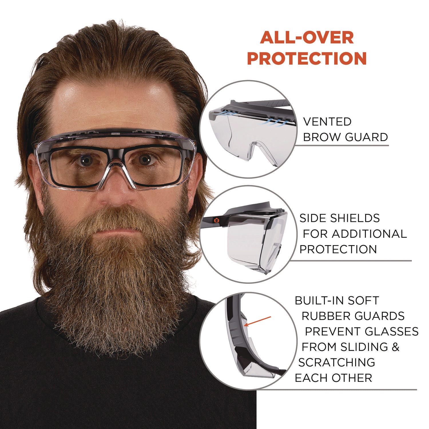 Ergodyne Skullerz OSMIN Safety Glasses, Clear Lens, Matte Black Frame, Impact Resistant, Over-the-Glasses (OTG), Non-slip, Nylon/Rubber, 1 Each