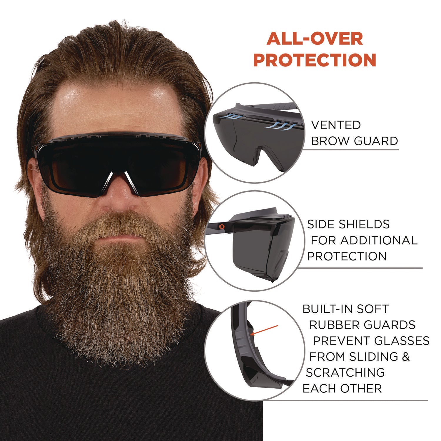 Ergodyne Skullerz OSMIN Safety Glasses, Smoke Lens, Matte Black Frame, Impact Resistant, Over-the-Glasses (OTG), Non-slip, Nylon/Rubber, 1 Each