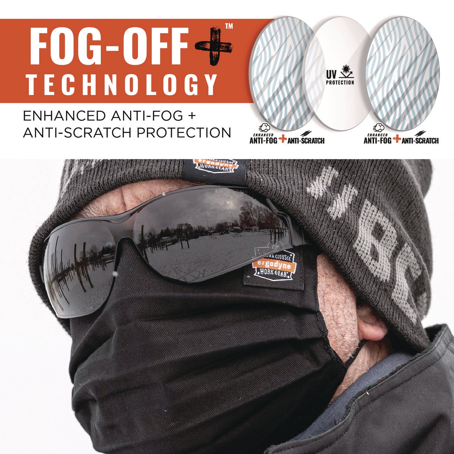 Ergodyne Skullerz SAGA Anti-Scratch & Enhanced Anti-Fog Safety Glasses, Smoke Lens, Matte Black Frame, Polycarbonate, Rimless, Lightweight, Non-slip, 1 Each
