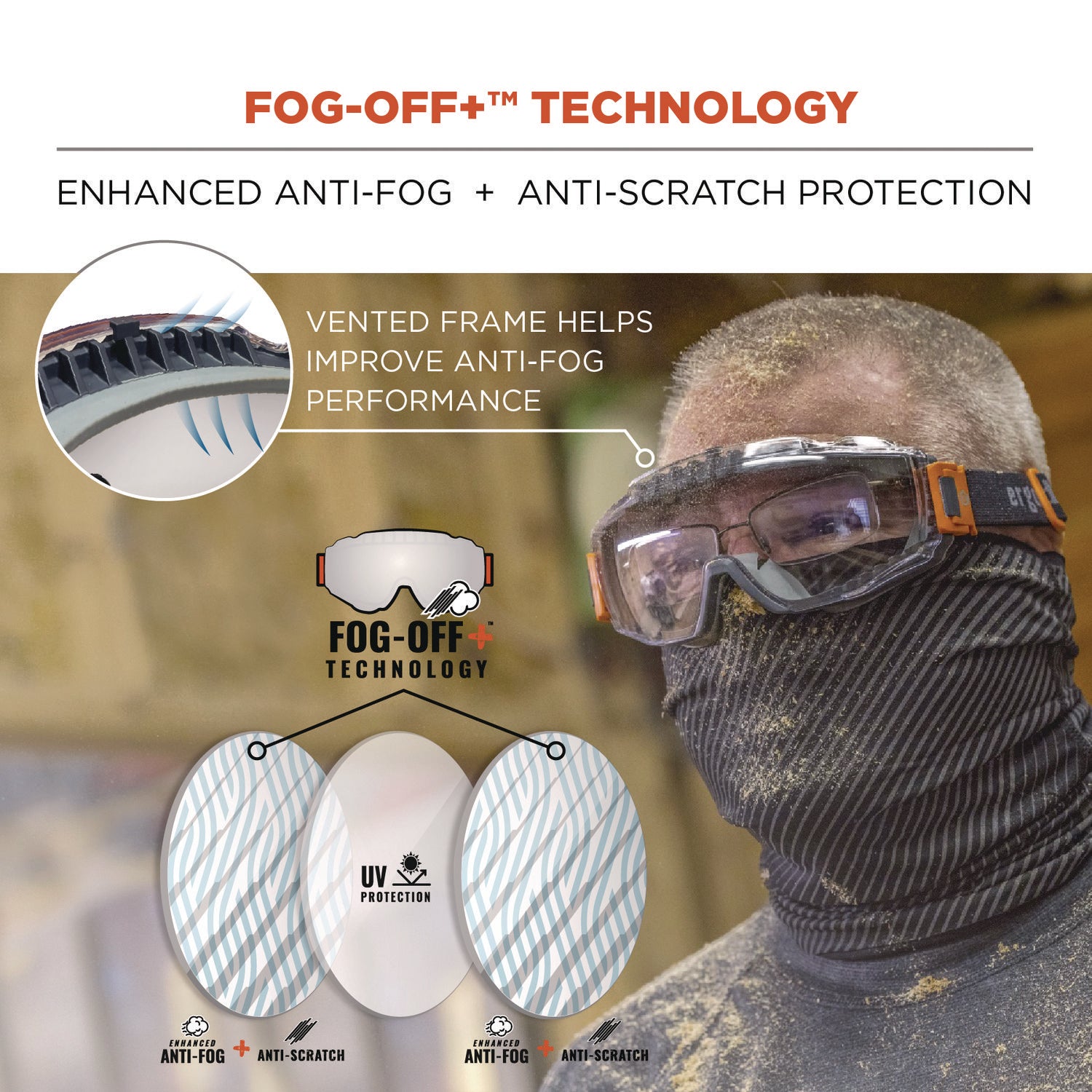 Skullerz MODI OTG Anti-Scratch and Enhanced Anti-Fog Safety Goggles with Elastic Strap, Clear Lens