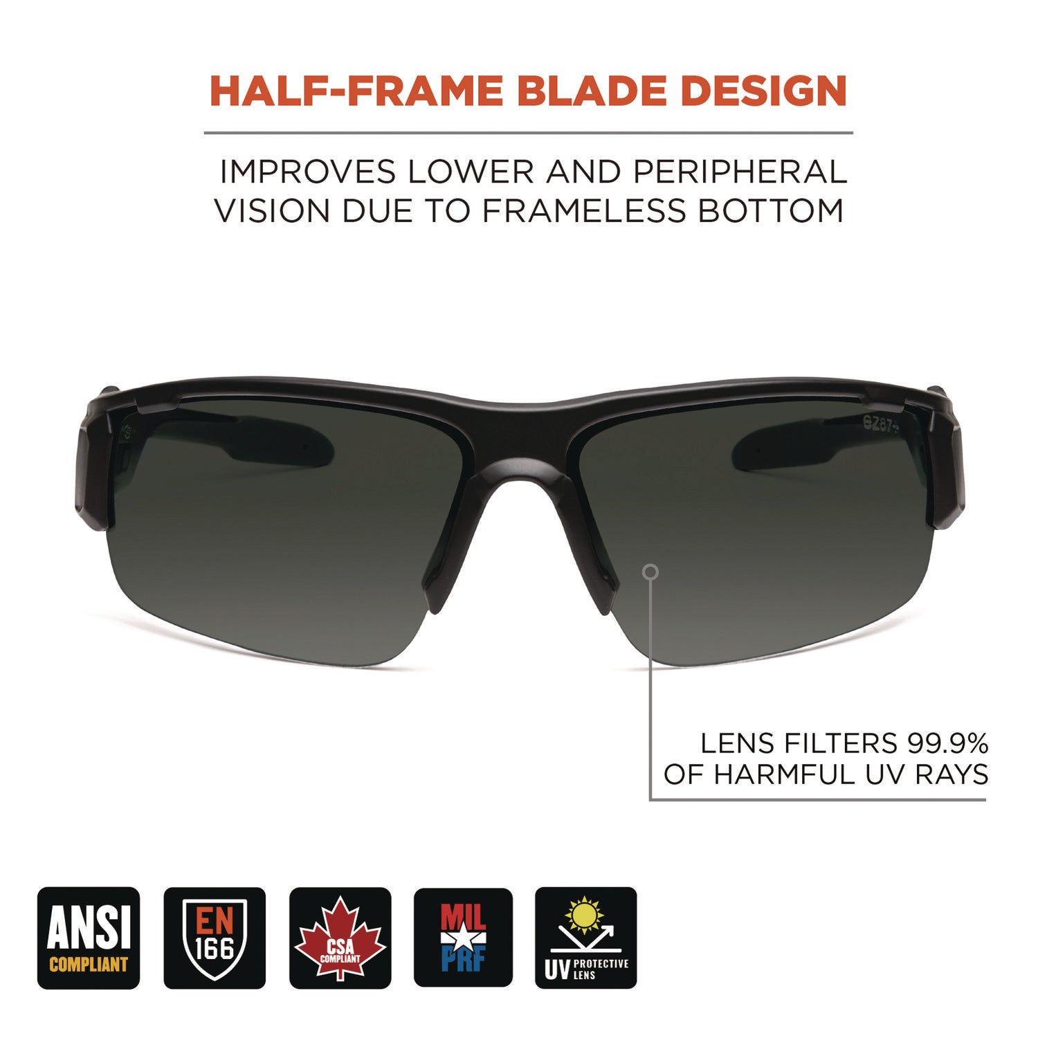 Ergodyne DAGR Anti-Scratch/Anti-Fog Safety Glasses, Smoke Lens, Matte Black Frame, Flexible Half Frame, Non-slip, Sweat Resistant, 1 Each
