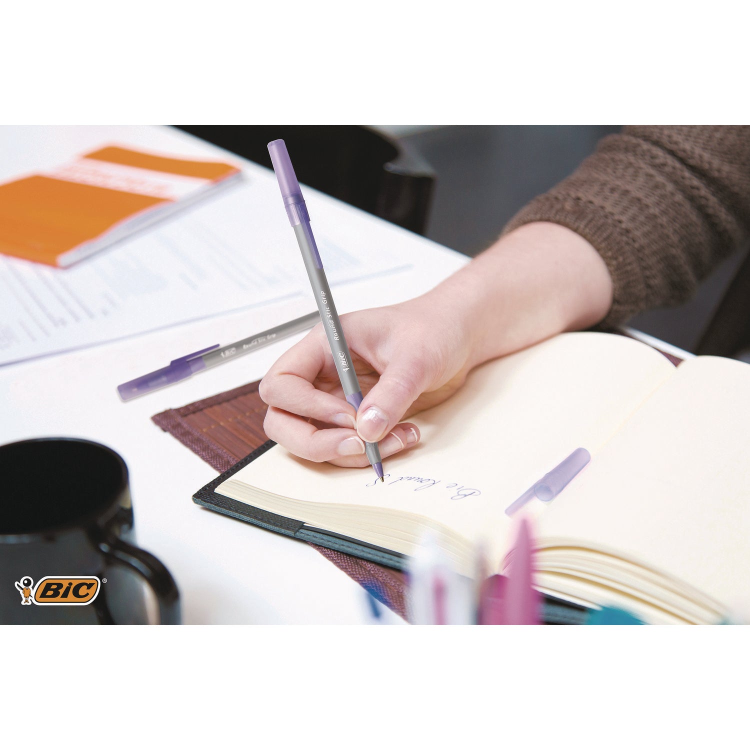 Round Stic Grip Xtra Comfort Ballpoint Pen, Easy-Glide System, Stick, Medium 1.2 mm, Purple Ink, Gray/Purple Barrel, Dozen