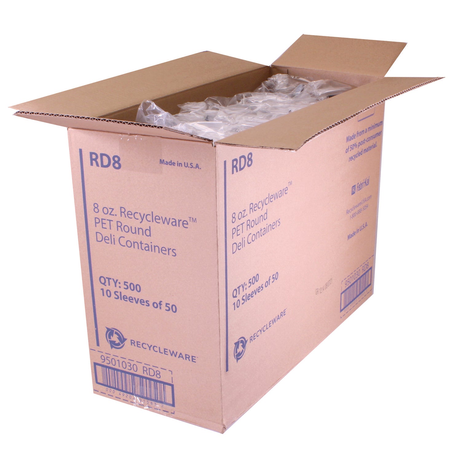 Recycleware Round Deli Container, 8 oz, 4.6" Diameter x 1.7" h, Clear, Plastic, 500/Carton