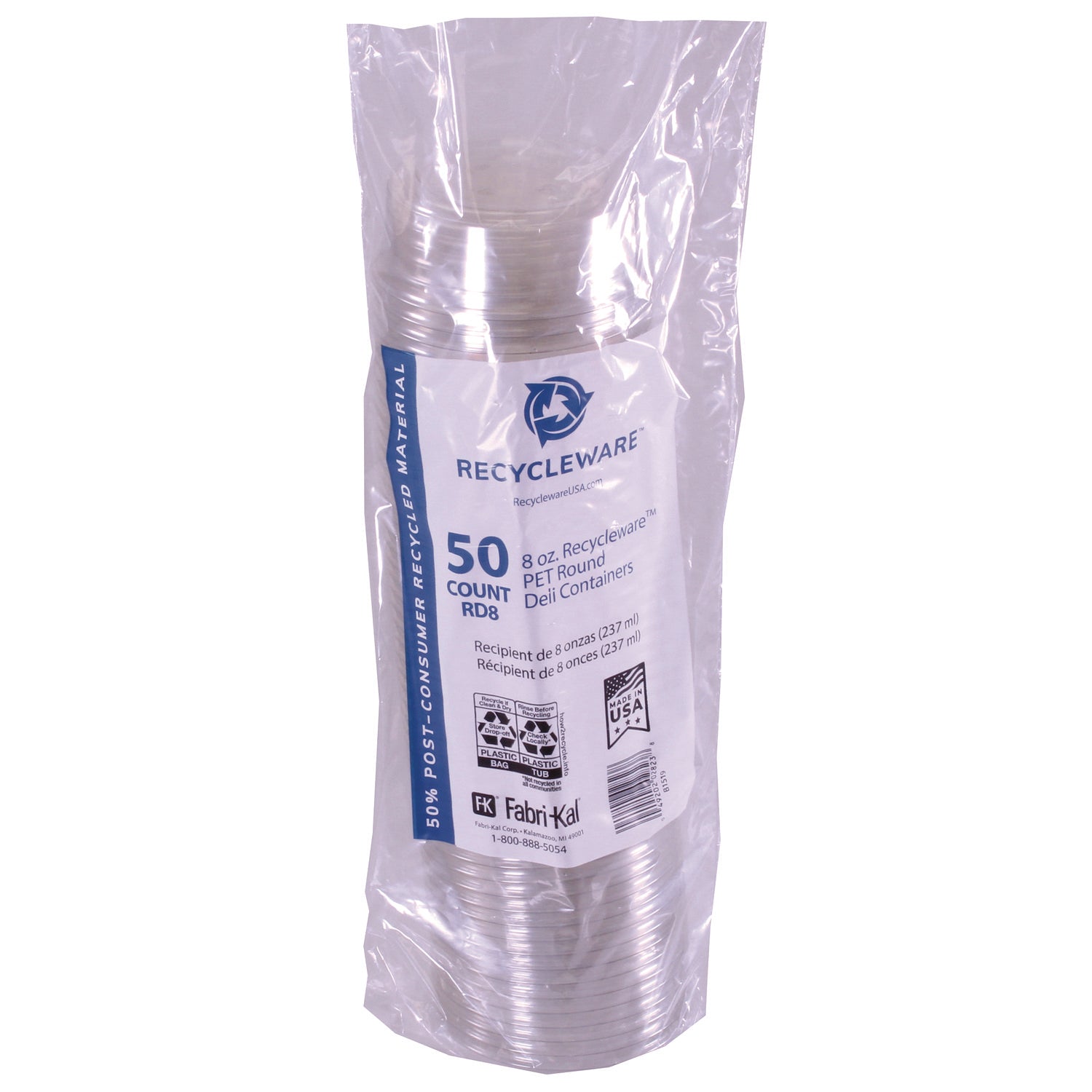 Recycleware Round Deli Container, 8 oz, 4.6" Diameter x 1.7" h, Clear, Plastic, 500/Carton
