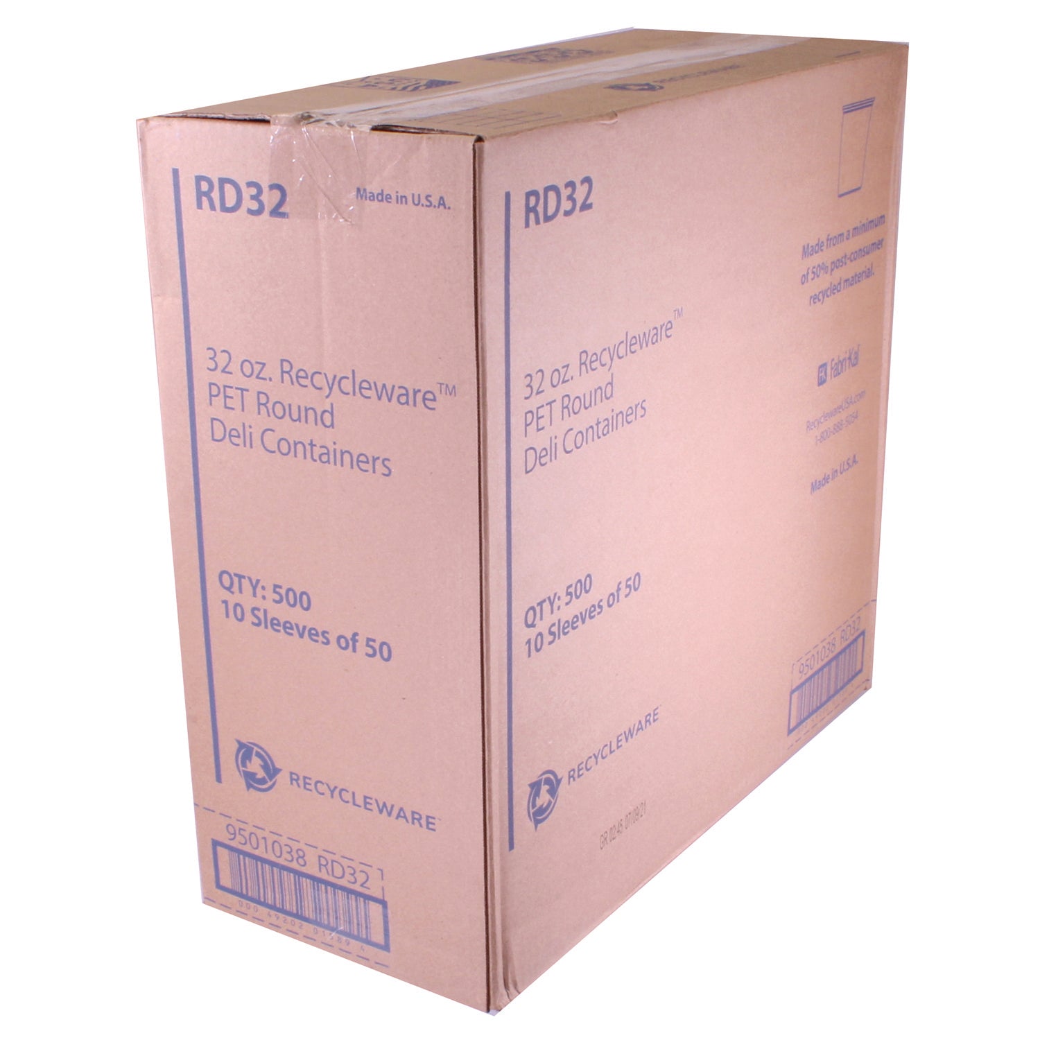 Recycleware Round Deli Container, 32 oz, 4.6" Diameter x 5.8" h, Clear, Plastic, 500/Carton