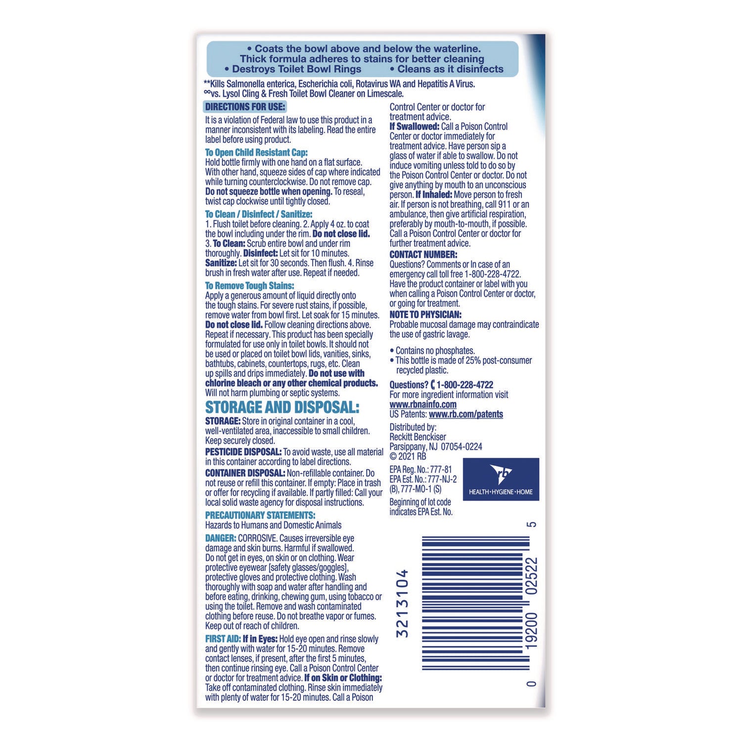 Lysol Toilet Bowl Cleaner - 24 fl oz (0.8 quart) - Atlantic Fresh Scent - Disinfectant - Blue Bottle - 1 Each