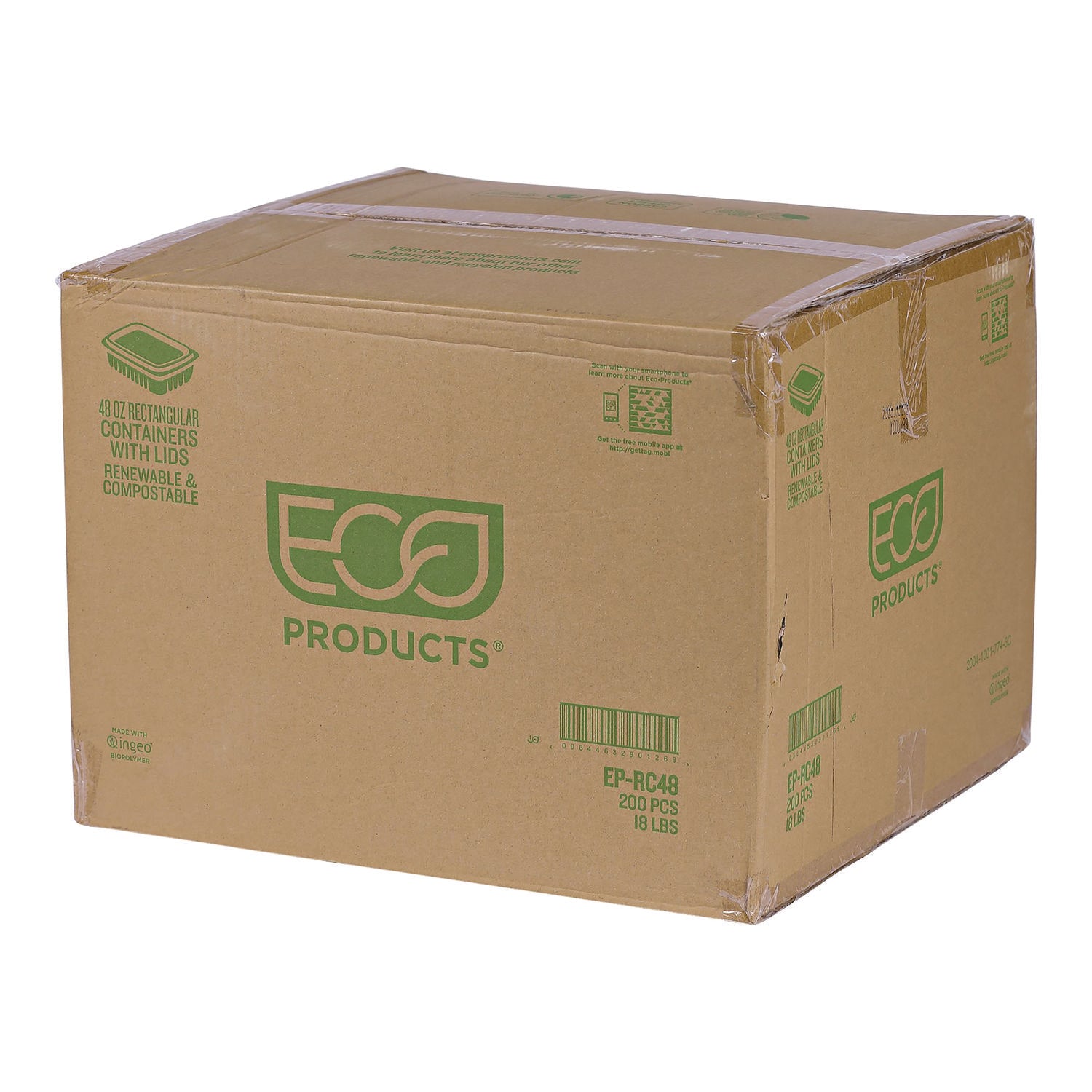 Renewable and Compostable Rectangular Deli Containers, 48 oz, 8 x 6 x 2, Clear, Plastic, 50/Pack, 4 Packs/Carton