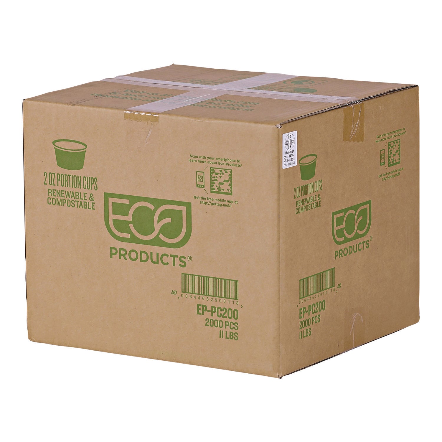 Renewable and Compostable Portion Cups, 2 oz, Plastic, Clear, 100/Pack, 20 Packs/Carton