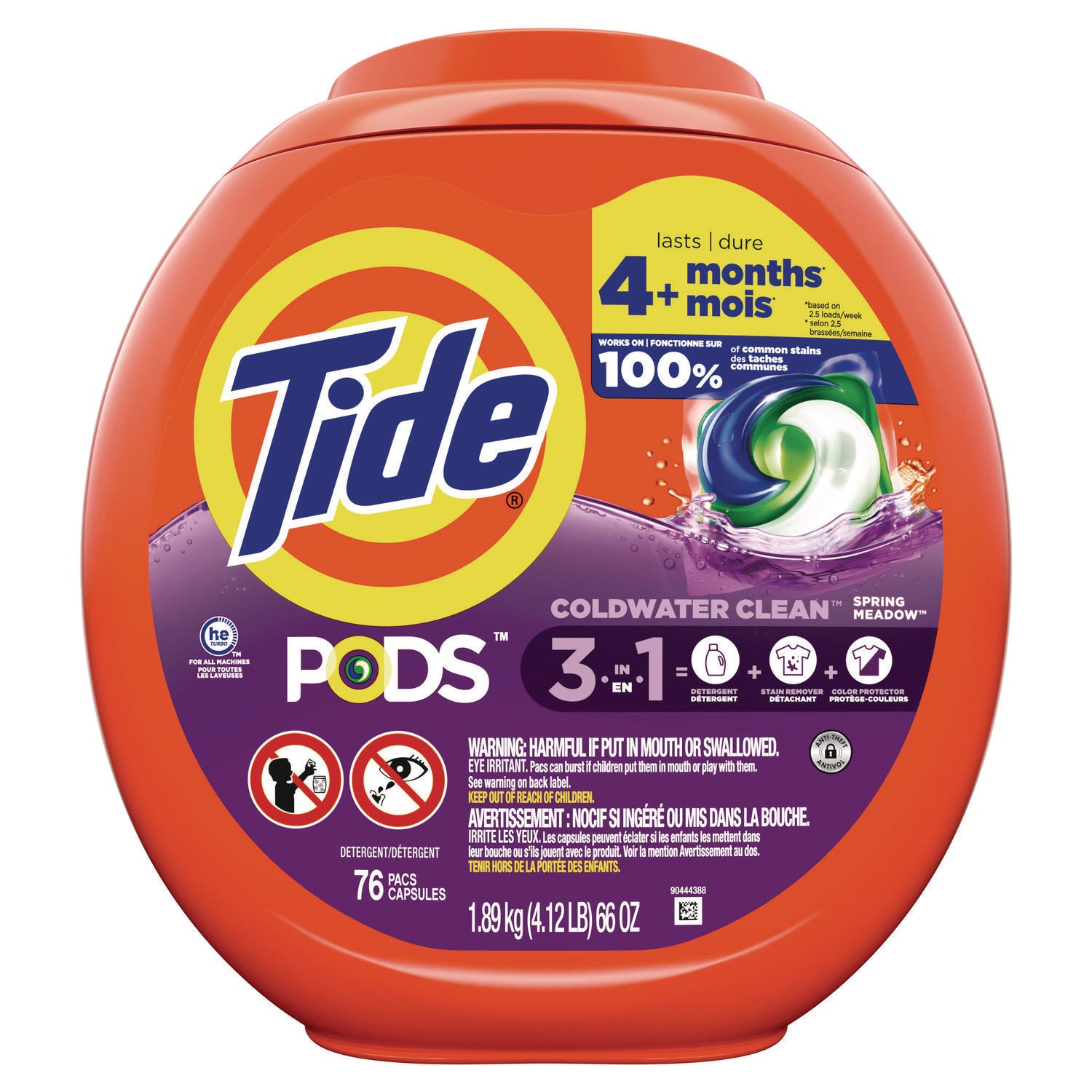 PODS Laundry Detergent, HE Compatible, Spring Meadow, 57 Oz Tub, 76 Pacs/Tub