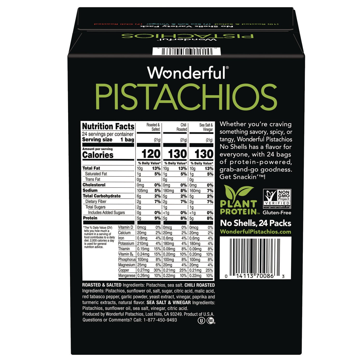 No Shells Roasted and Salted Pistachios Variety Pack, Assorted Flavors, 0.75 oz Bag, 24/Carton