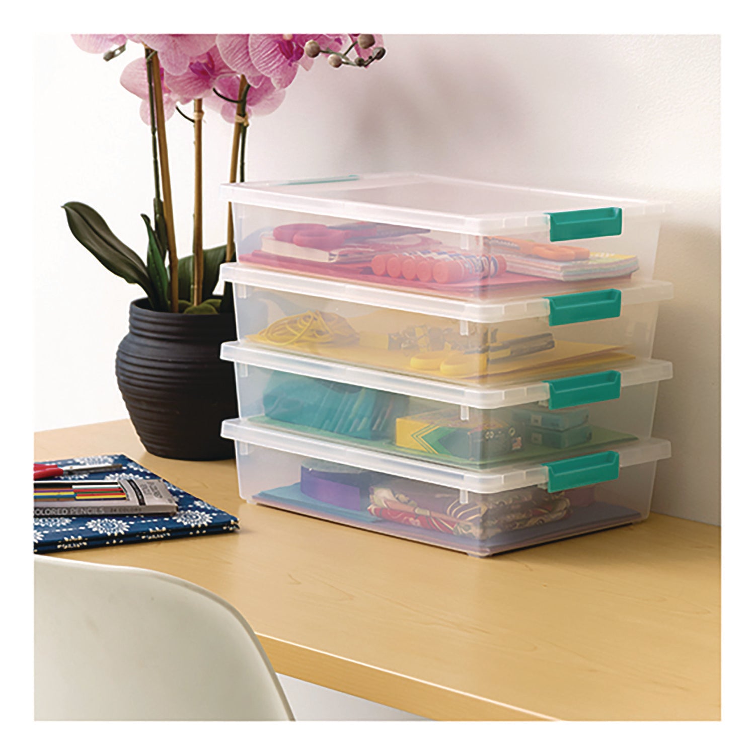 Latch Lid Storage Box, 2.3 gal, 14 x 11 x 3.5, Clear Bin/Seafoam Latches