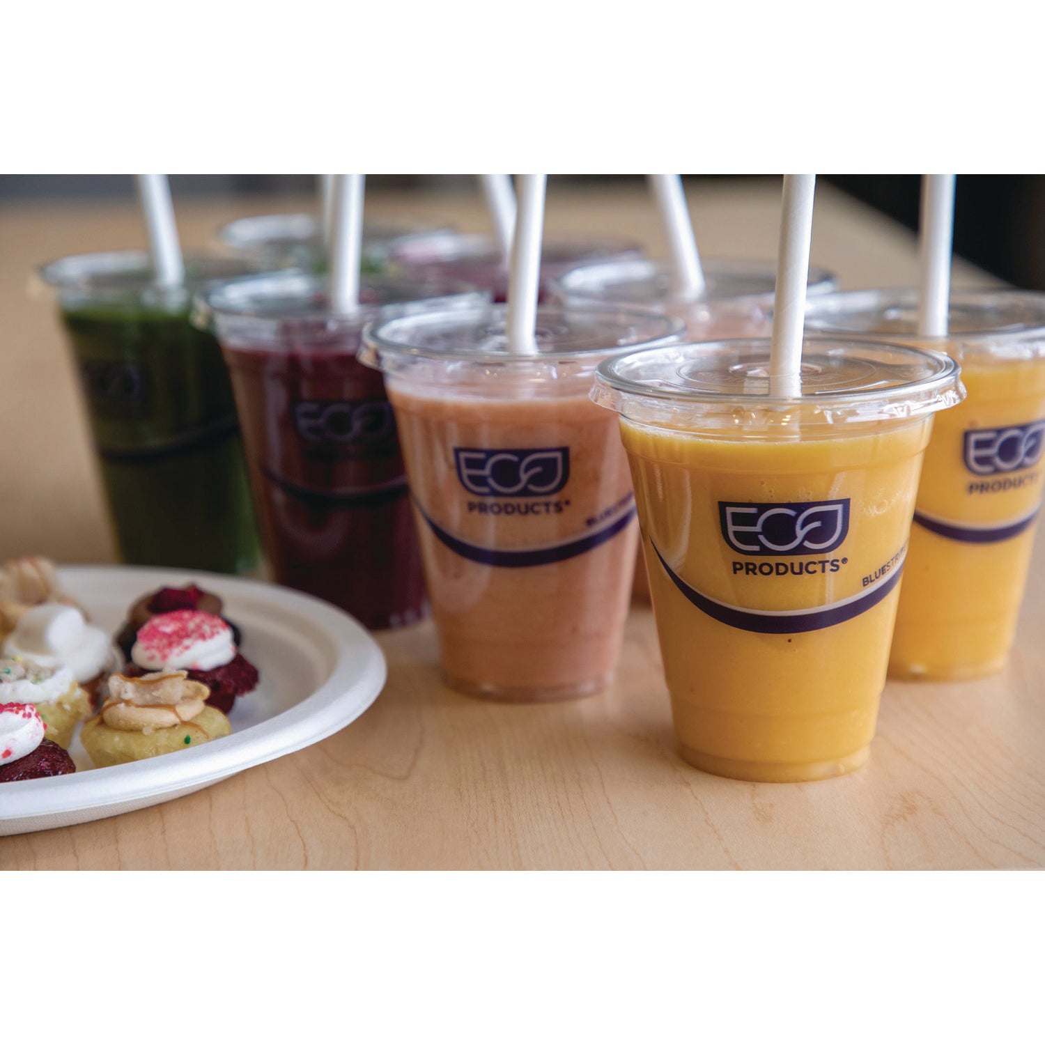 BlueStripe Recycled Content Cold Cup Flat Lids, Fits 9 oz to 24 oz Cold Cups, Plastic, Clear, 100/Pack, 10 Packs/Carton
