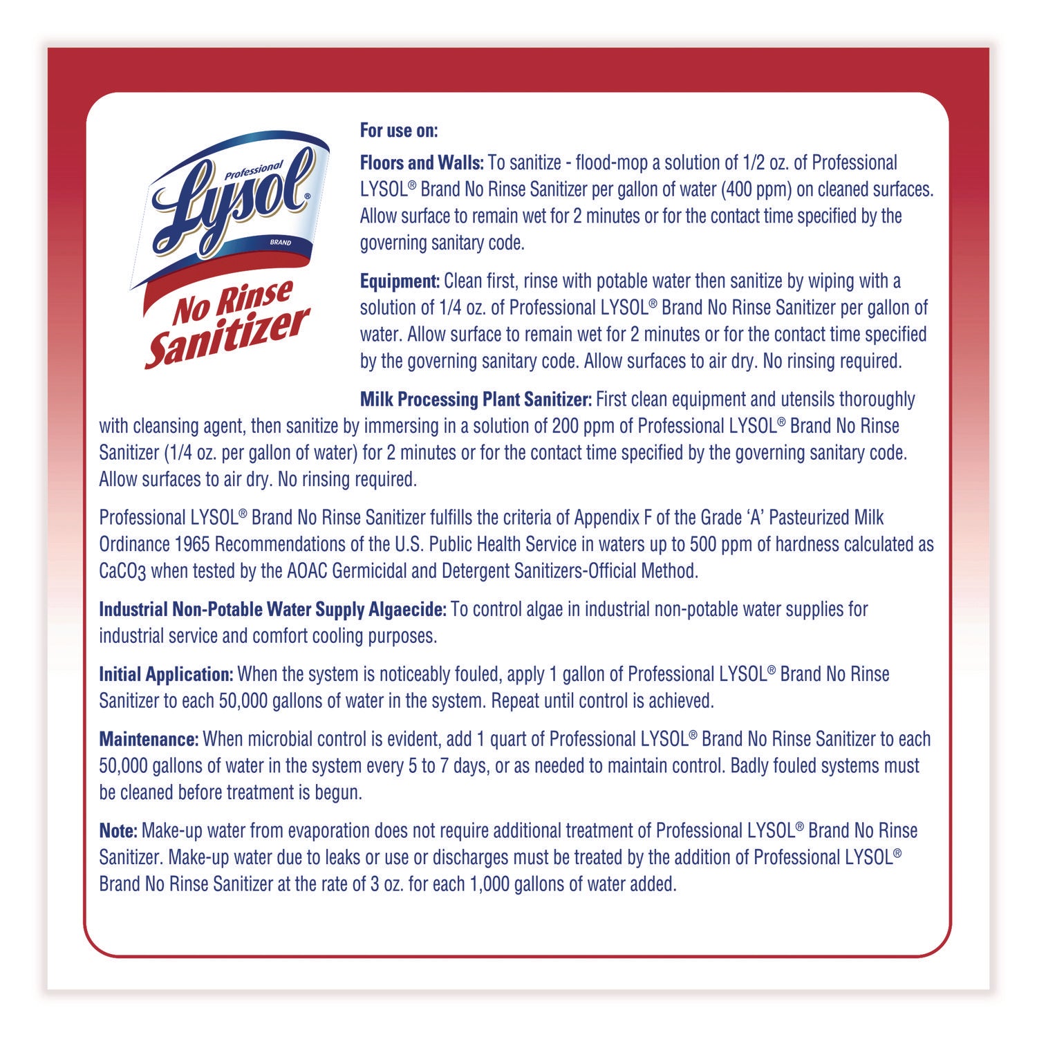 Professional Lysol No Rinse Sanitizer - Concentrate - 128 fl oz (4 quart) - Disinfectant, Anti-bacterial - 1 Each