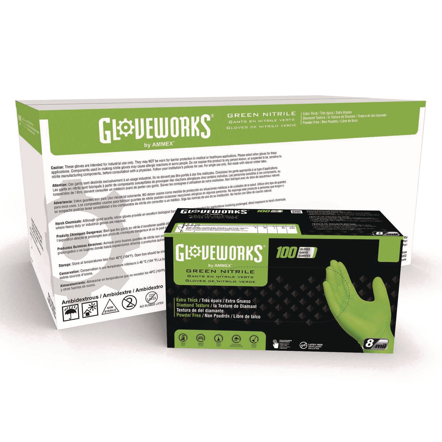 Heavy-Duty Industrial Nitrile Gloves, Powder-Free, 8 mil, Medium, Green, 100 Gloves/Box, 10 Boxes/Carton