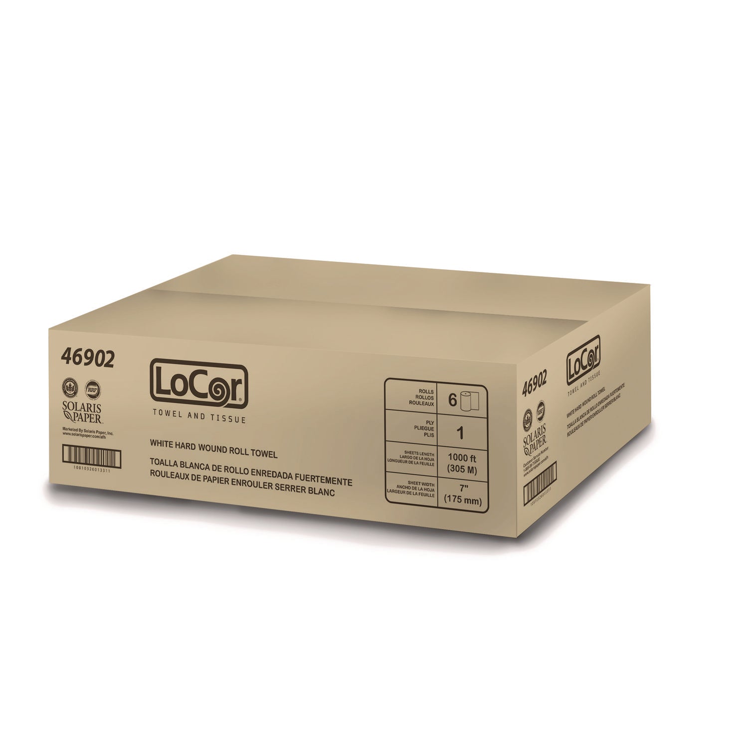 LoCor Hardwound Roll Towels - 1 Ply - 7" Width x 1000 ft Length - Fully embossed - Bright White - Fiber - 6 / Carton
