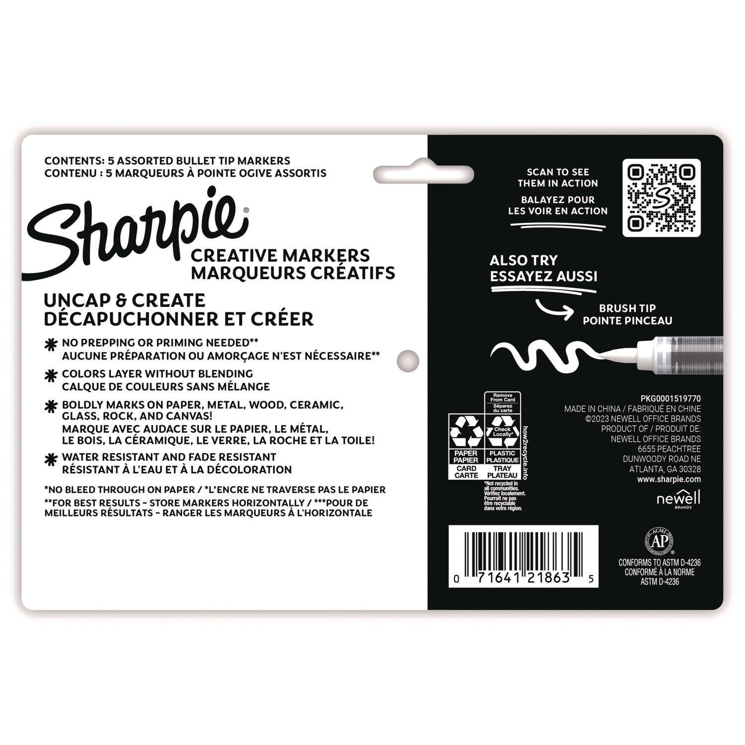 Sharpie Creative Markers, Water-Based Acrylic Markers, Bullet Tip - Bullet Marker Point - Assorted Ink - Water Based - 5 / Pack