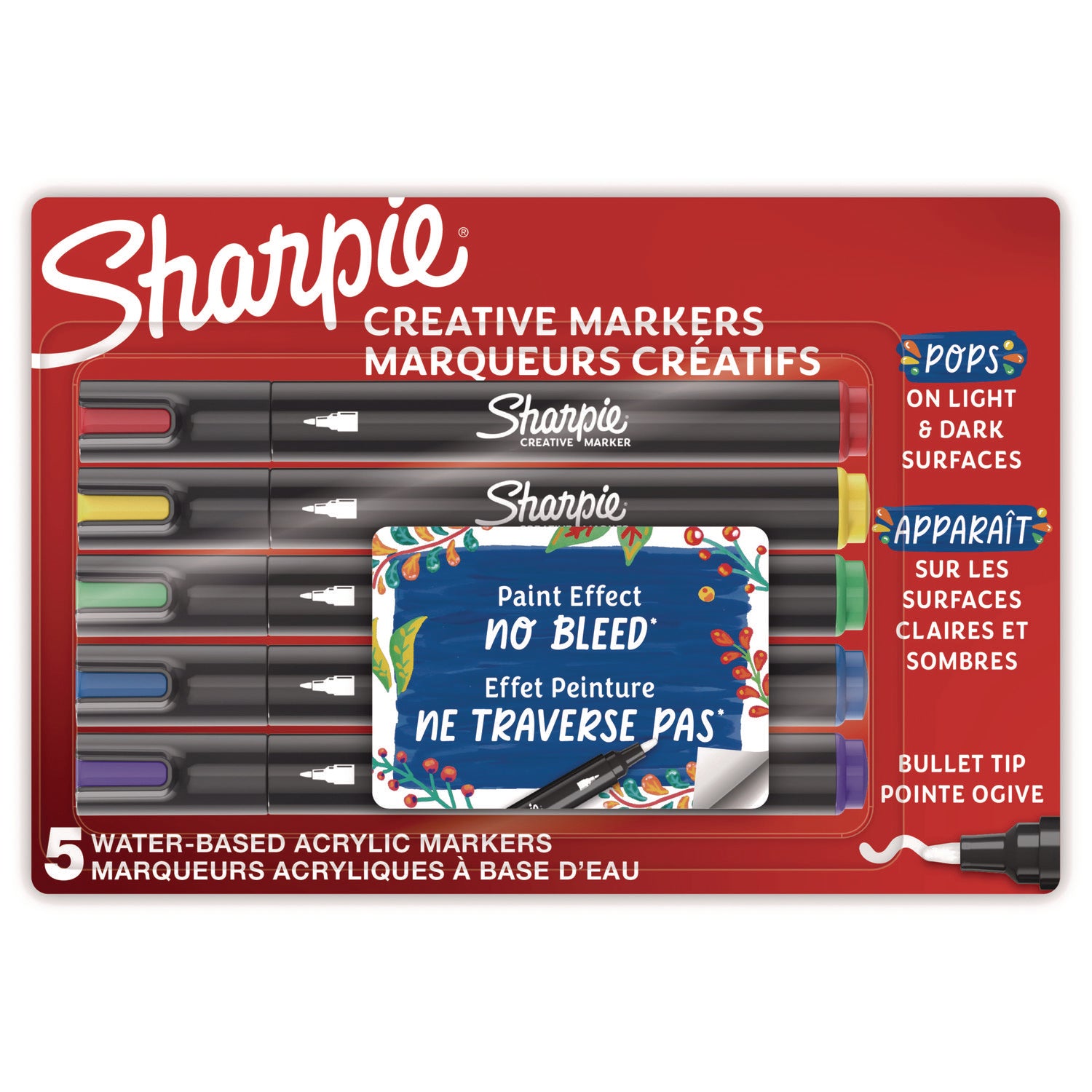 Sharpie Creative Markers, Water-Based Acrylic Markers, Bullet Tip - Bullet Marker Point - Assorted Ink - Water Based - 5 / Pack