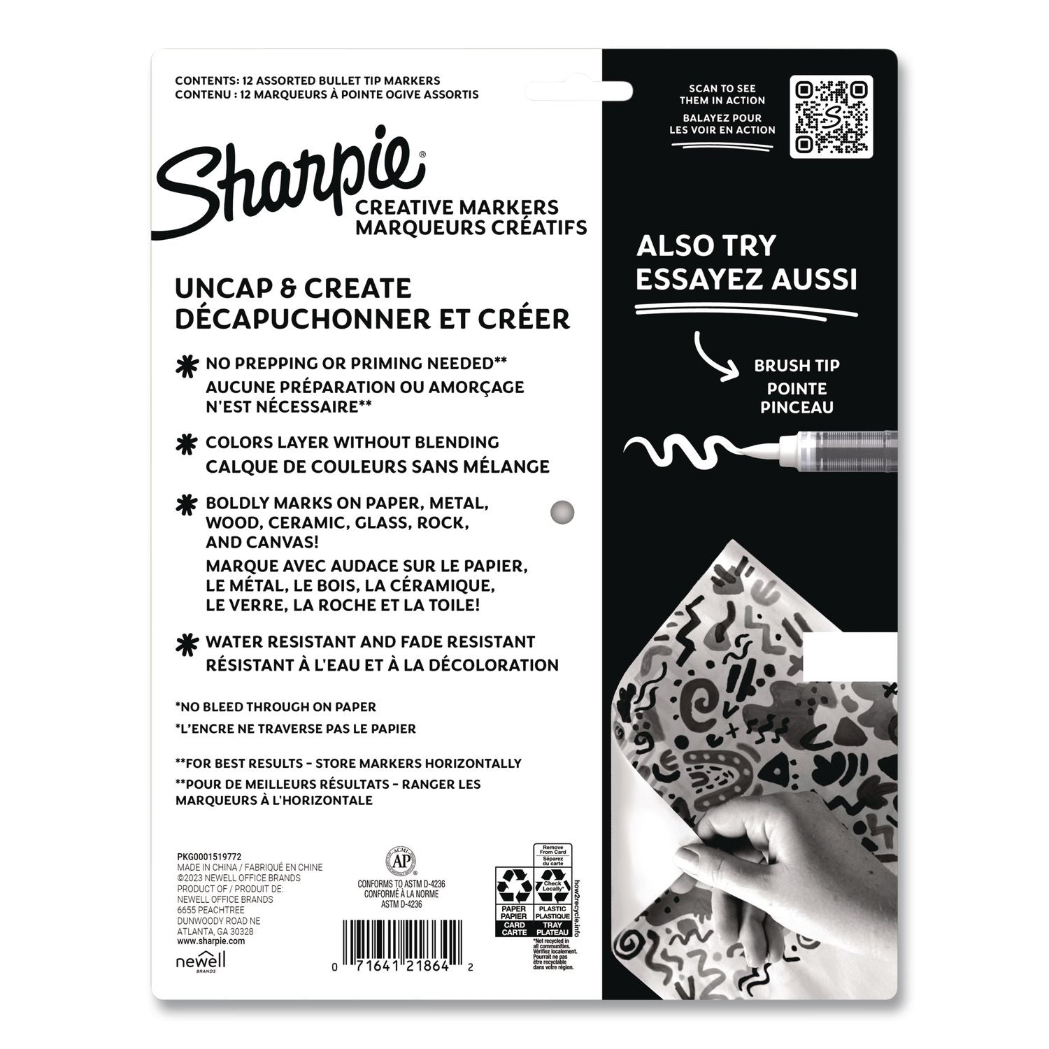 Sharpie Creative Markers, Water-Based Acrylic Markers, Bullet Tip - Bullet Marker Point - Assorted Ink - Water Based - Black Barrel - 12 / Pack
