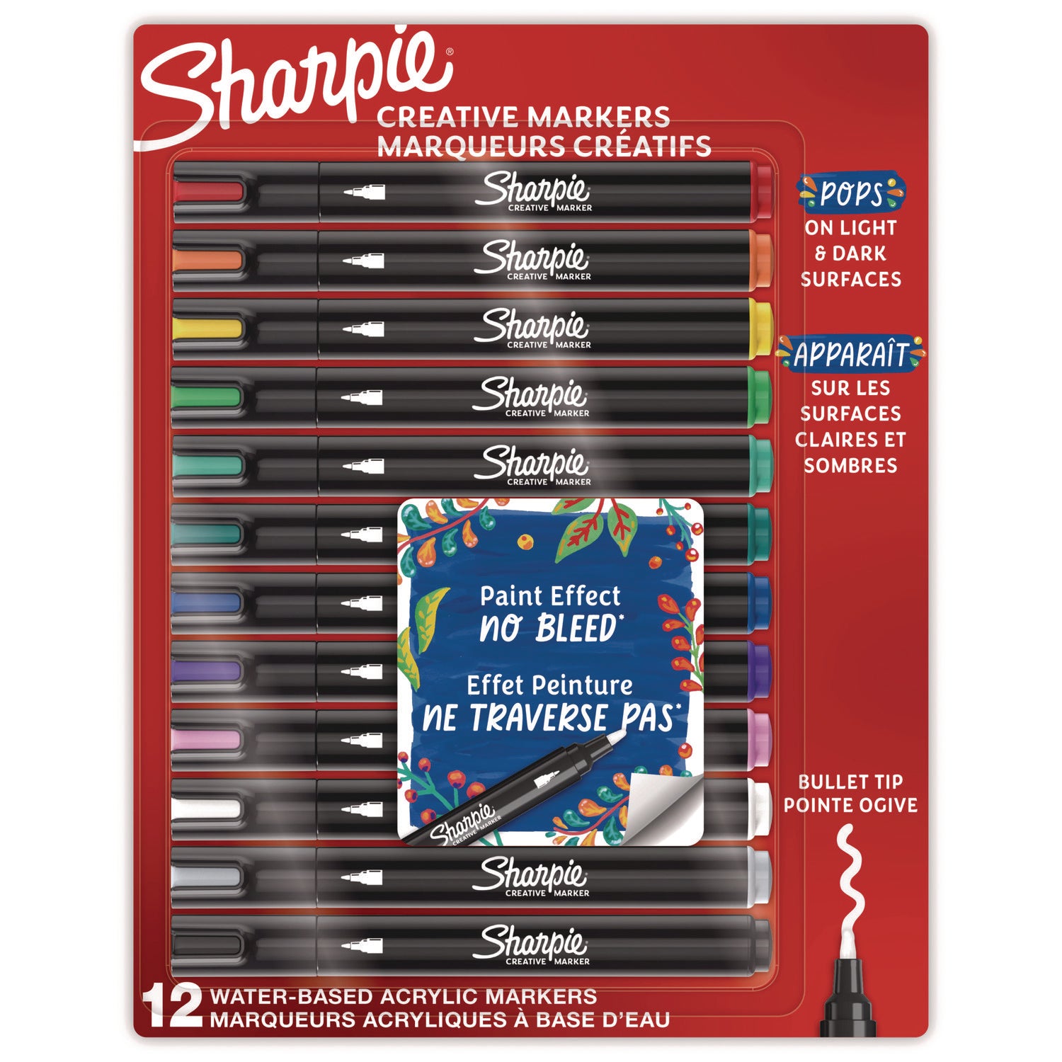 Sharpie Creative Markers, Water-Based Acrylic Markers, Bullet Tip - Bullet Marker Point - Assorted Ink - Water Based - Black Barrel - 12 / Pack