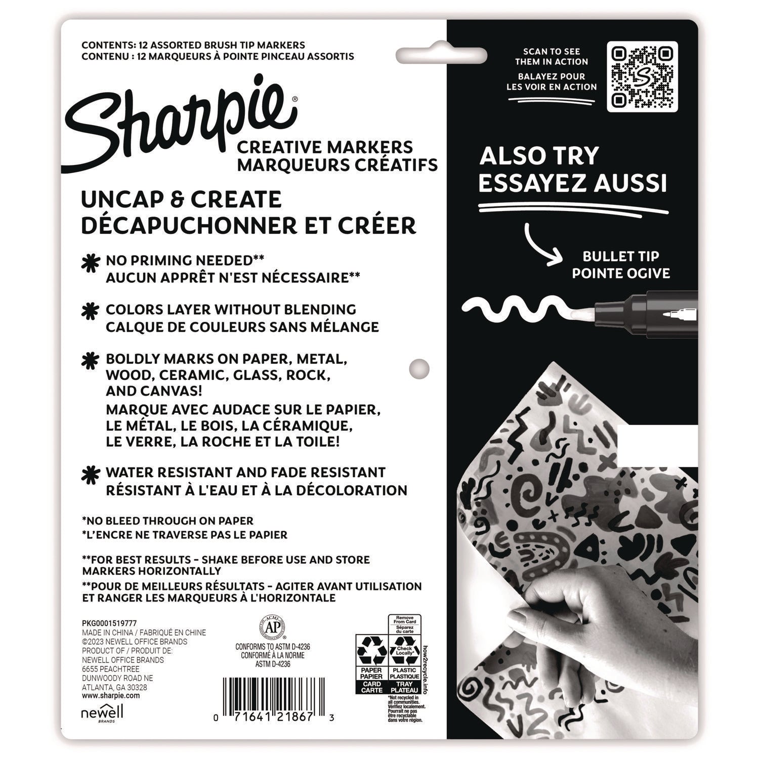 Sharpie Creative Markers, Water-Based Acrylic Markers, Brush Tip - Brush Marker Point - Assorted Ink - Water Based - Black Barrel - 12 / Pack