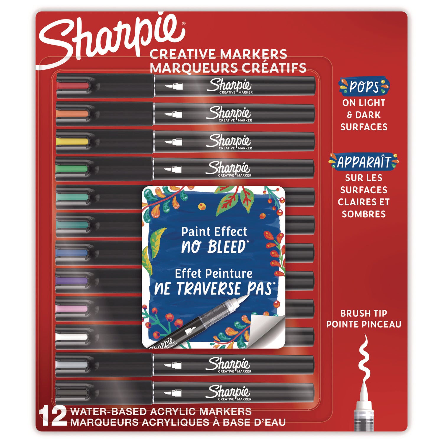 Sharpie Creative Markers, Water-Based Acrylic Markers, Brush Tip - Brush Marker Point - Assorted Ink - Water Based - Black Barrel - 12 / Pack