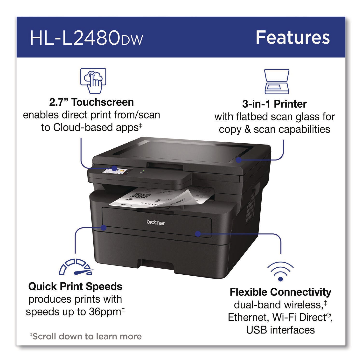 Wireless HL-L2480DW Compact Monochrome Multi-Function Laser Printer, Copy/Print/Scan