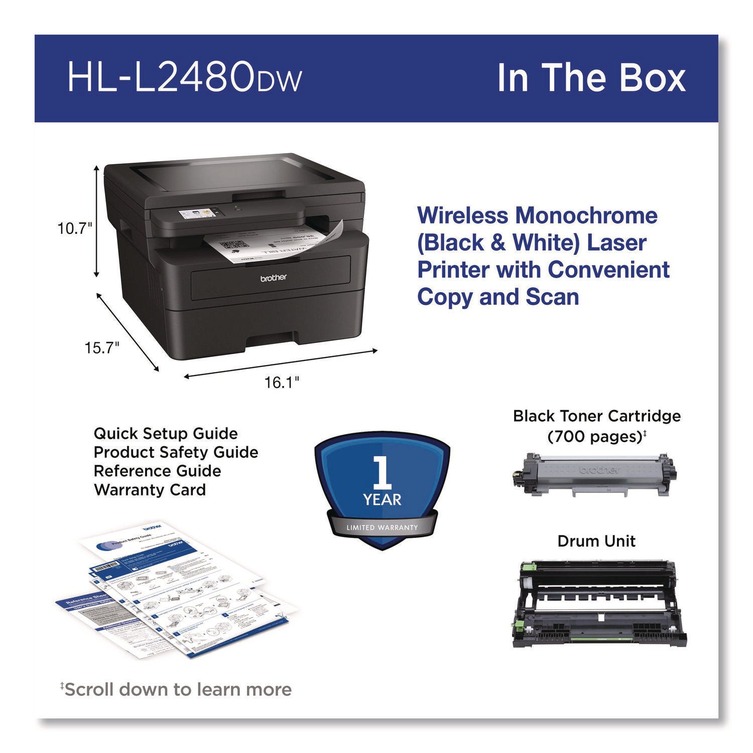 Wireless HL-L2480DW Compact Monochrome Multi-Function Laser Printer, Copy/Print/Scan