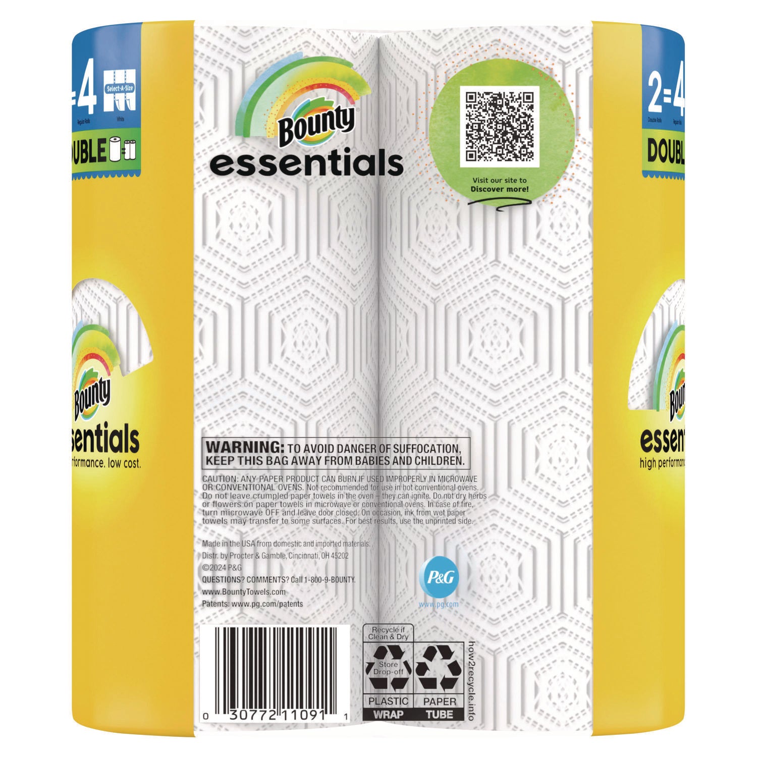 Bounty Essentials Select-A-Size Paper Towels, 2-Ply, 108 Sheets per Roll, White, 2 Rolls per Pack